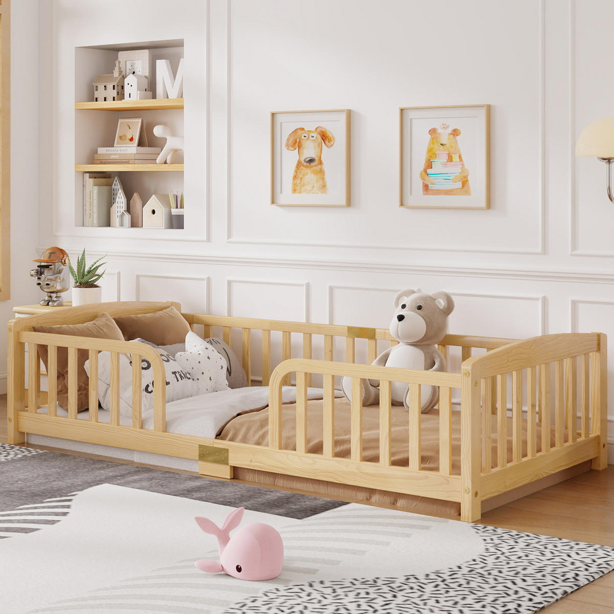 KINDERBETT, Bodenbett 90x200 cm mit Rausfallschutz aus Kiefer, Natur - Naturfarben, Holz/Holzwerkstoff (90/200cm) - LVHOM