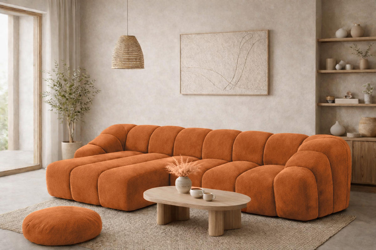 ECKSOFA Modulare L-Form, Veloursstoff Bluvel, Zimtfarbe, Links, CROISSANT L - Orange, Holz (305/190cm) - Kaiser Möbel