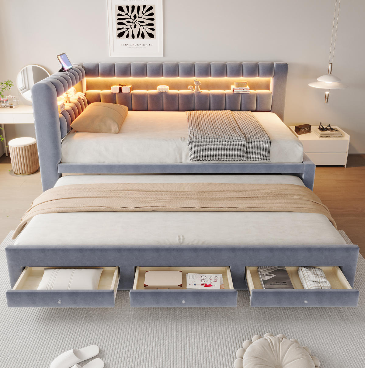POLSTERBETT Schlafsofa aus Samt 90x190 cm Dunkelgrau mit Ausziehbett, Schubladen, LED und USB-/Typ-C-Anschlüssen - Grau, Textil (90/190cm) - Modfu