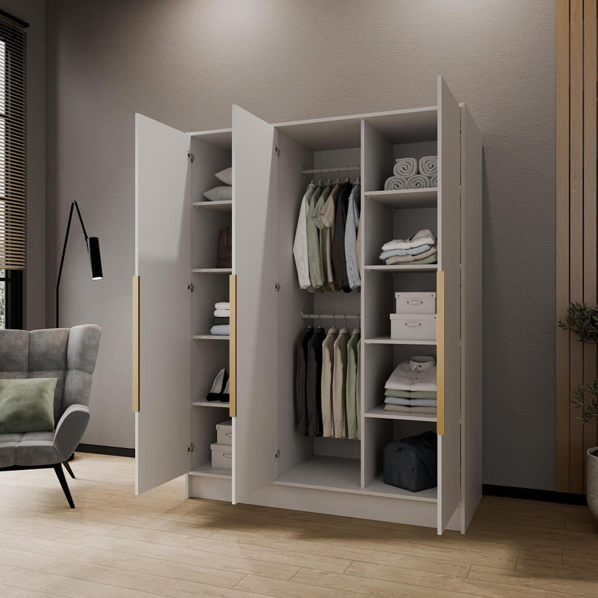 DREHTÜRENSCHRANK Pavia ohne Spiegel, Weiß mit mit goldenen Griffen, 150 cm - Goldfarben/Weiß, Holzwerkstoff (150/200/51cm) - Beautysofa