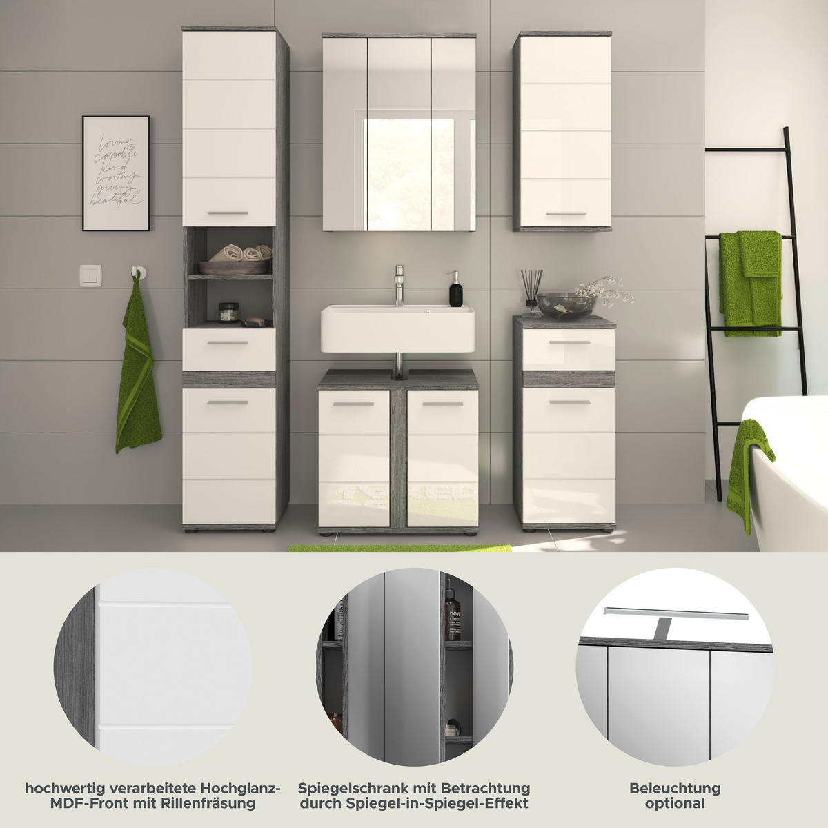 BADKOMBINATION 5tlg. Blake Bad in Rauchsilber Nachbildung und weiß hochglanz B/H/T: 164x191x34 cm - Anthrazit, Holz (164/191/34cm)