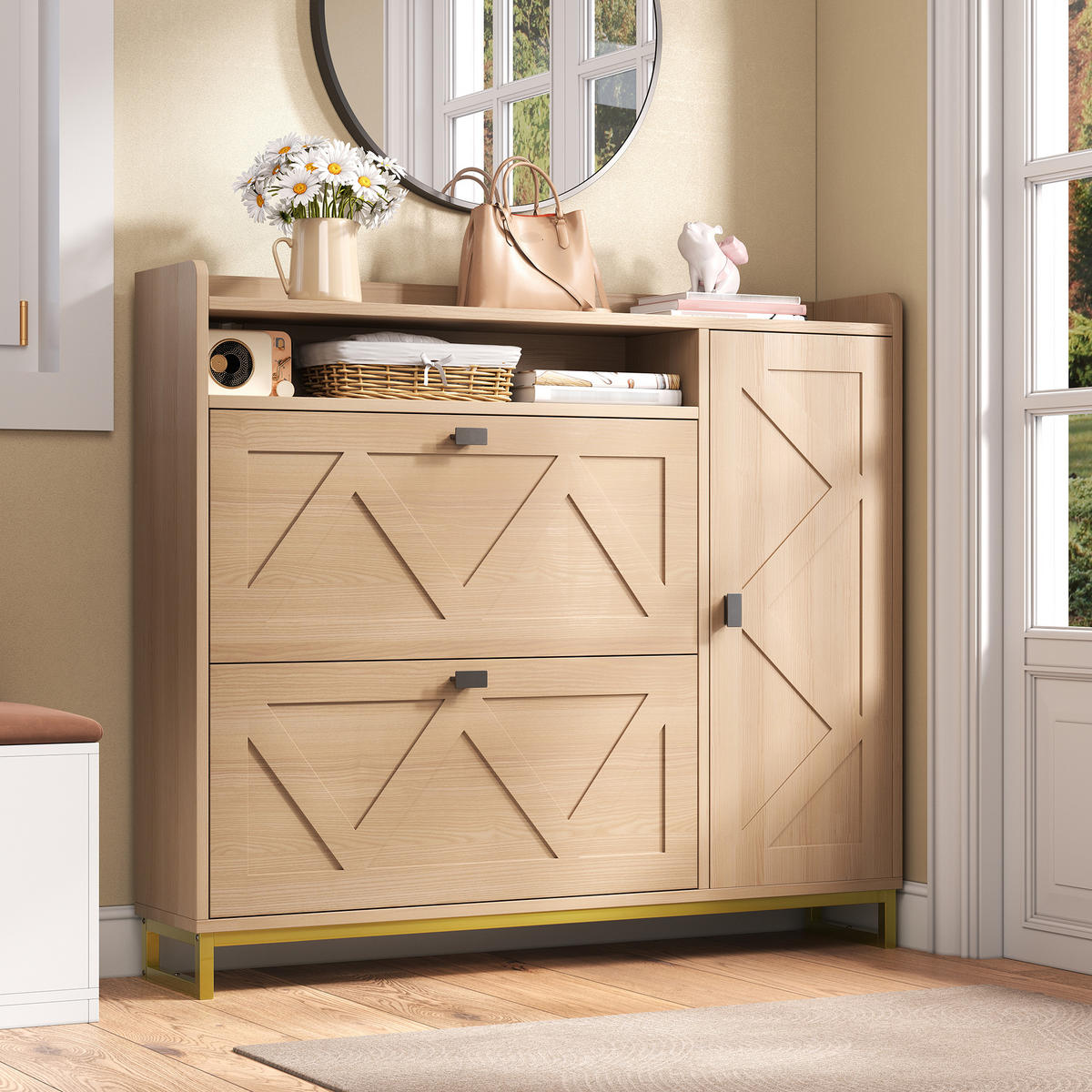 SCHUHSCHRANK Klappfach Seitenschrank Metallgestell - Naturfarben, Holz (110/100/24cm) - LEBENLANG