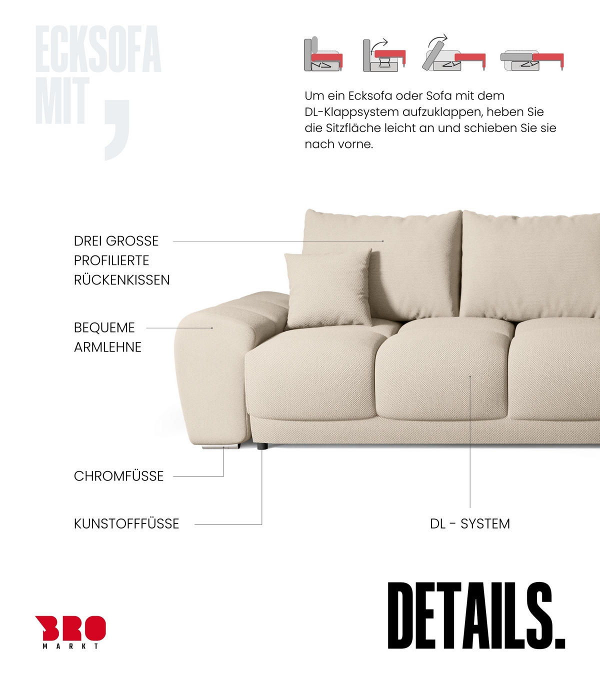 ECKSOFA Nubes mit Schlaffunktion Beige - Beige/Silberfarben, Kunststoff/Textil (290/180cm) - Bromarkt