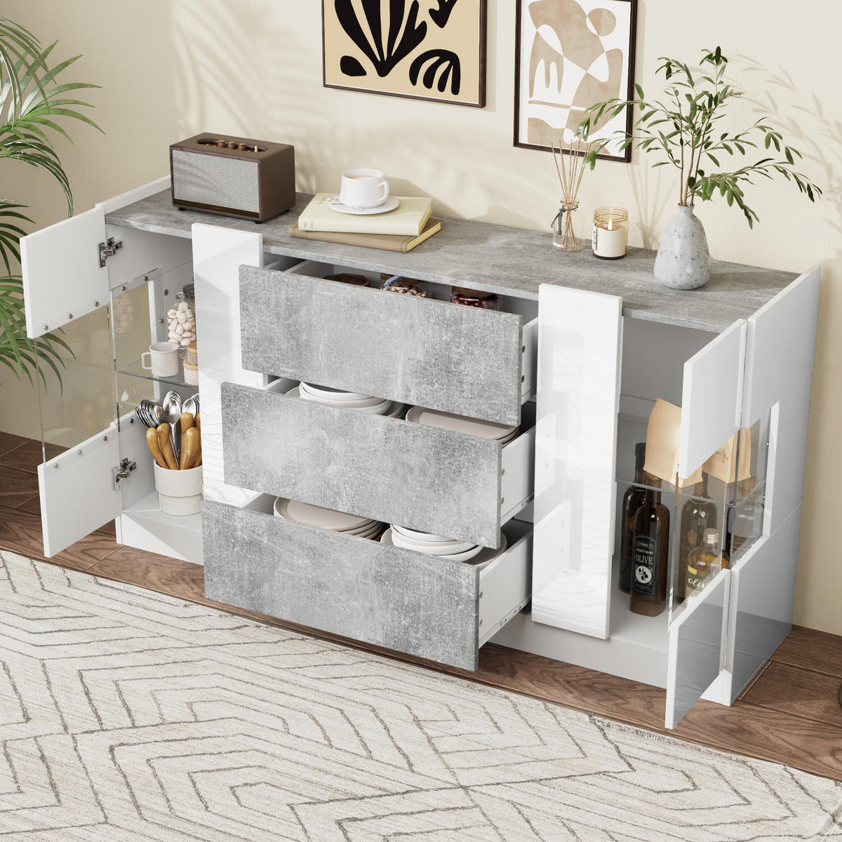 SIDEBOARD LED 140x35x75 cm weiß grau - Weiß, Holz (140/75/35cm) - Fortuna Lai