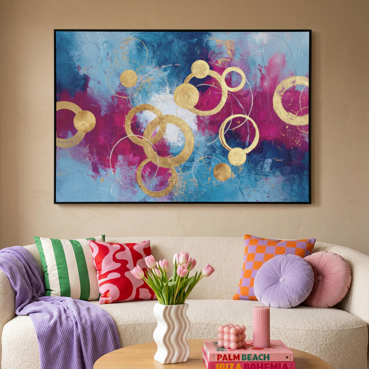 LEINWAND Bilder mit Rahmen - Kreise - Gold - Abstrakt - 140x90 - Blau, Textil (140/90cm) - MuchoWow