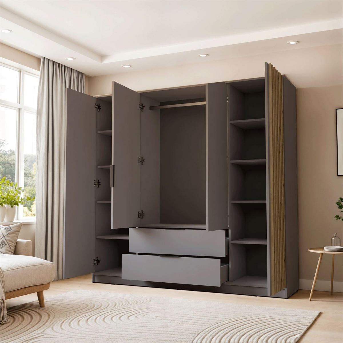 KLEIDERSCHRANK NELA, viertürig mit Lamellen, 206 cm, Grau/Artisan - Grau, Holzwerkstoff (206/200/51cm) - Lookway