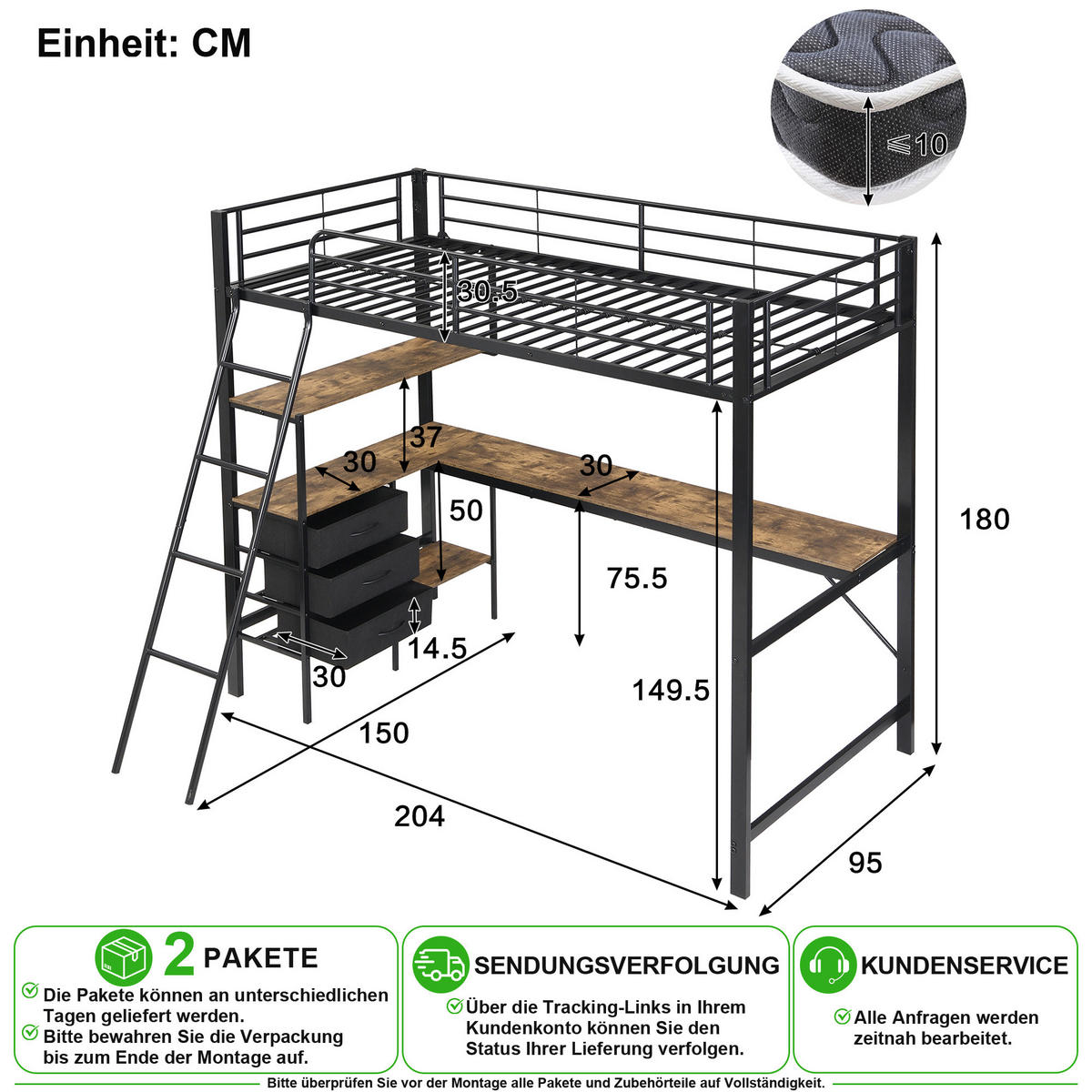 PATROVÁ POSTEL 90/200 cm v černé a tmavě ořechové barvě s psacím stolem a 3 zásuvkami - černá, kov/kompozitní dřevo (90/200cm) - CHICFURN