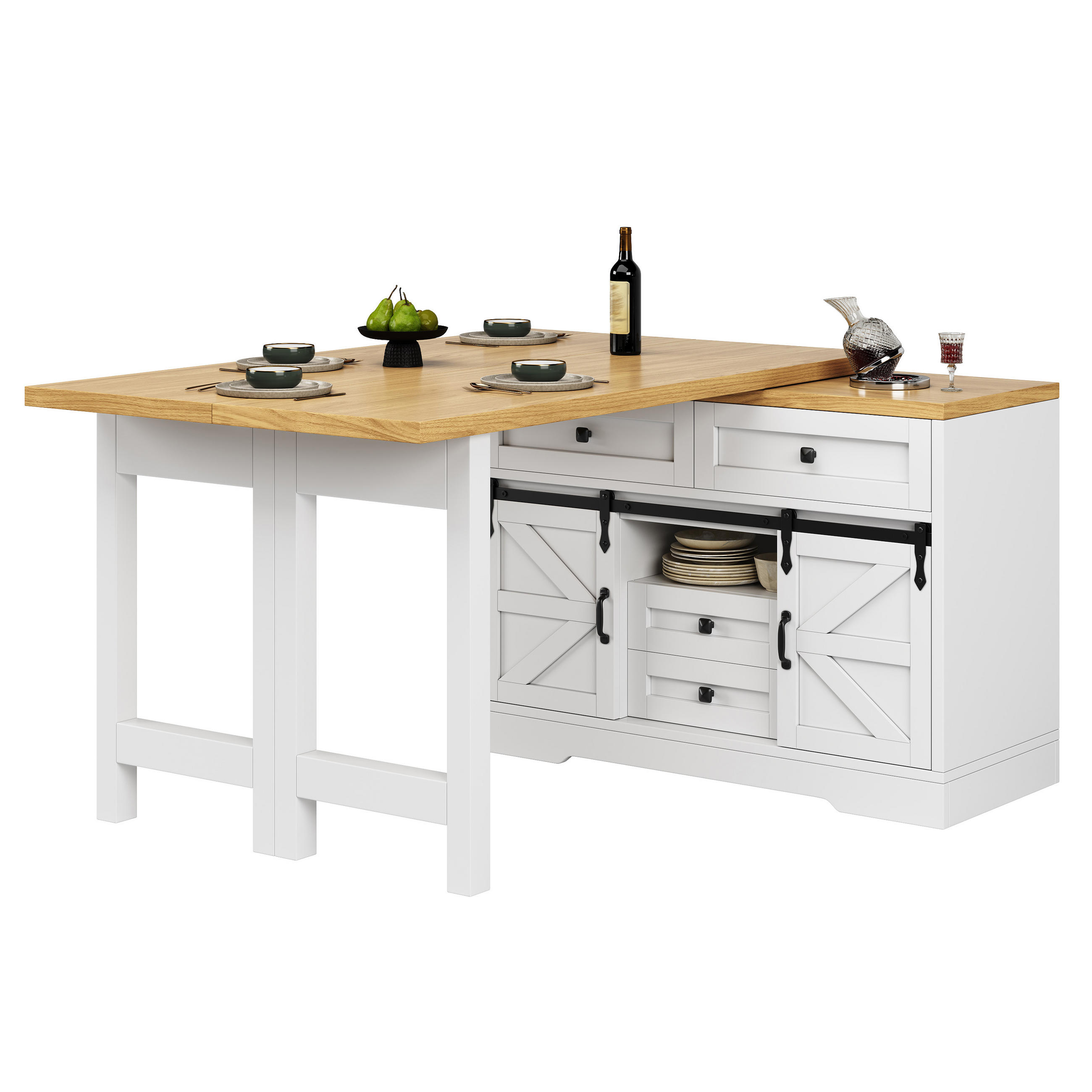 KÜCHENINSEL-ESSTISCH Weiß 120–197×40×72 cm mit 360° Drehtisch und Scheunentor-Schiebetür aus Holzwerkstoff - Weiß, Holzwerkstoff (120/72/40cm) - Luhomfu