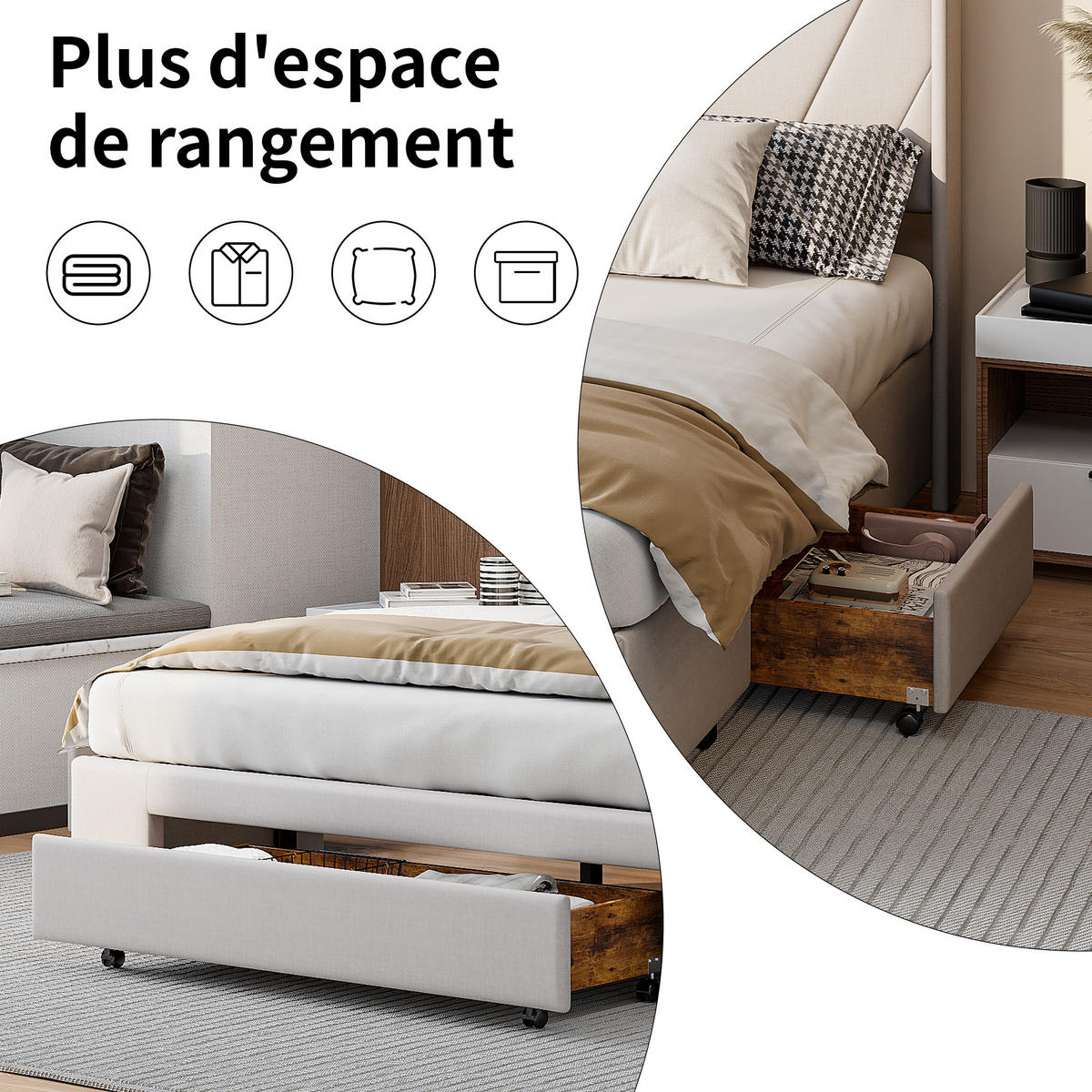 POLSTERBETT 160x200cm mit 3 Schublade - Beige, Textil/Metall (160/200cm)