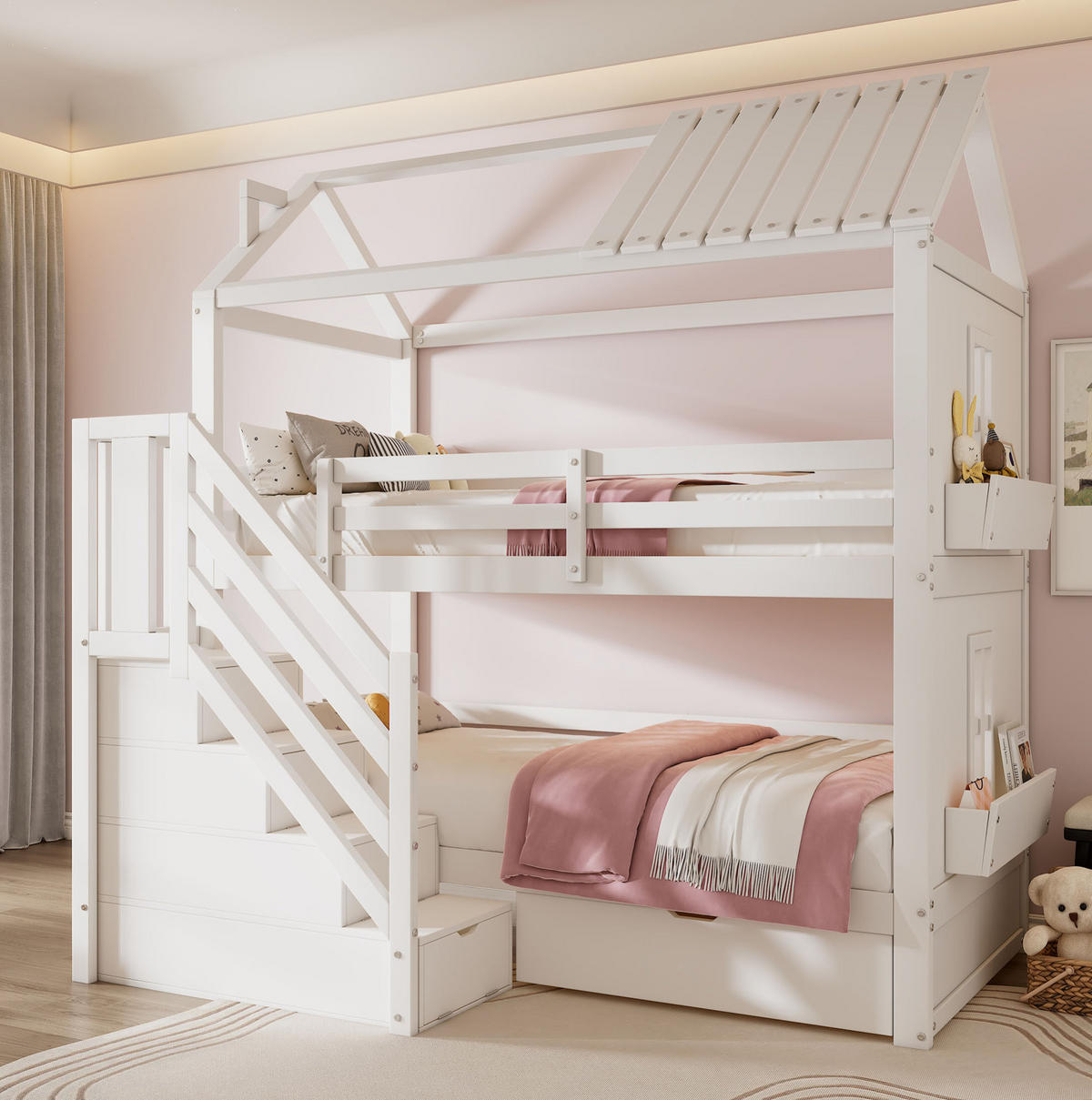 KINDER-ETAGENBETT aus Kiefernholz und MDF 90x200 cm Weiß mit Stauraumtreppe und Schubladen - Weiß, Holzwerkstoff (90/200cm) - IVMEU