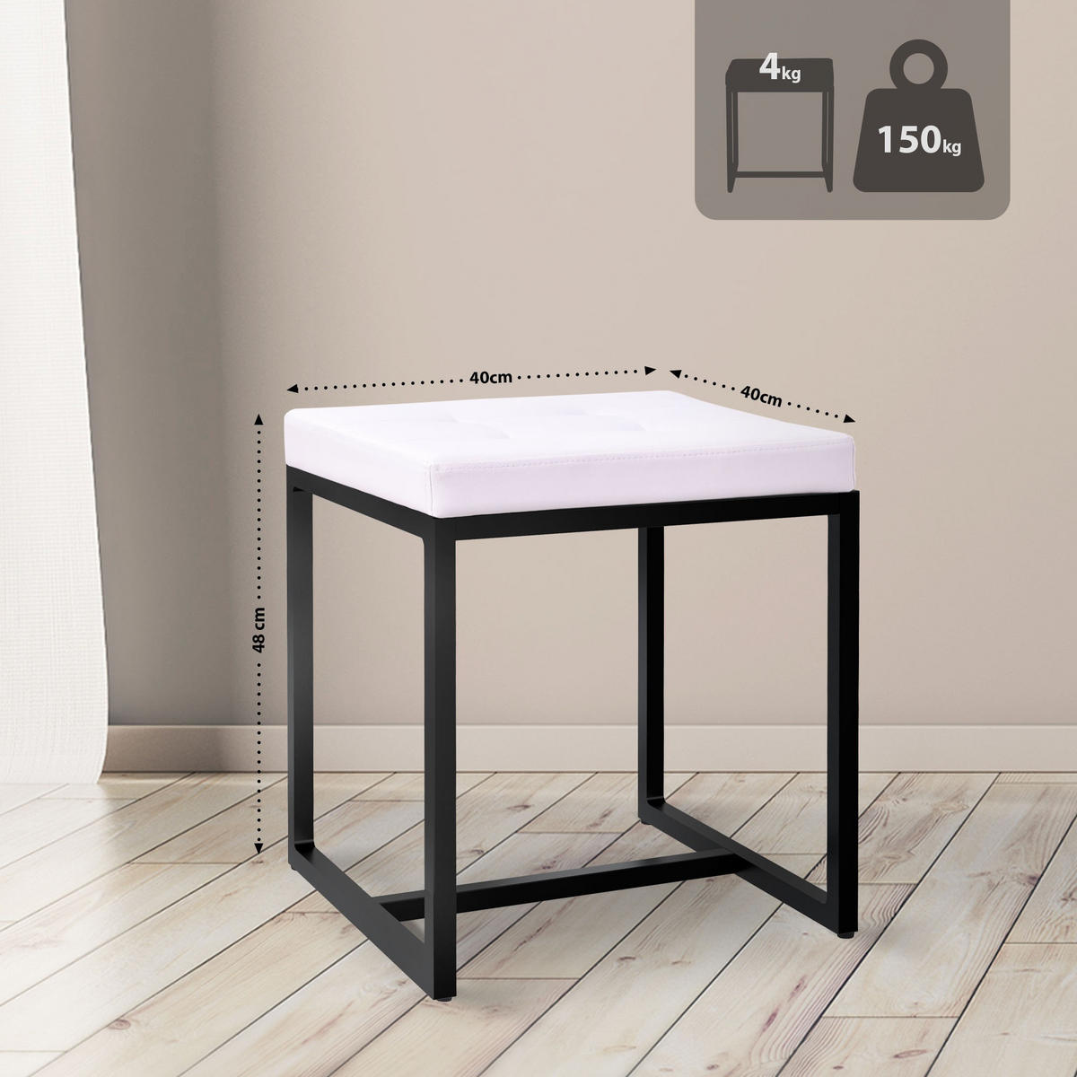 SITZWÜRFEL eckig 40/40/48 cm Lederlook weiß - Schwarz/Weiß, Textil/Metall (40/48/40cm) - CLP