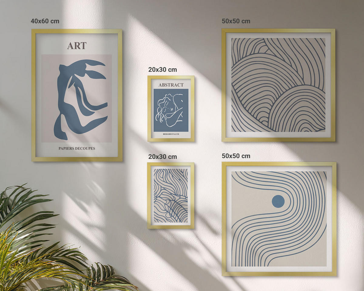WANDBILDER 5er Set - 50x50 cm & 20x30 cm & 40x60 cm Goldrahmen - Abstrakte blaue Linien - Goldfarben, Kunststoff (40/60cm) - ArtPrintCave