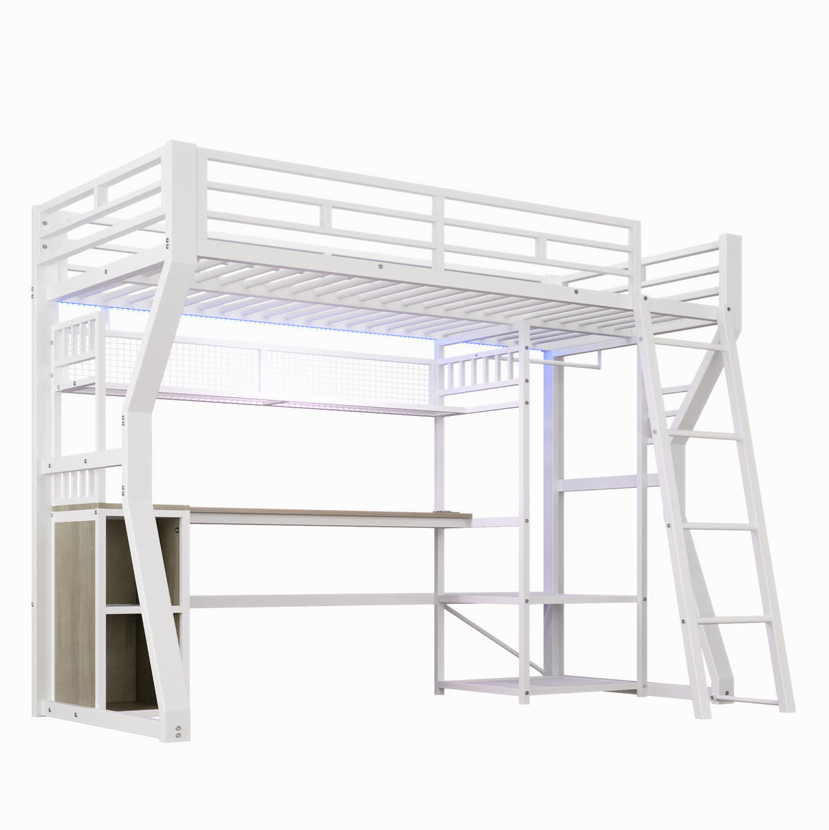HOCHBETT 90/200 cm mit Lichtleiste, Steckdose, Schreibtisch und Kleiderbereich, MDF & Metall, Weiß - Weiß, Holzwerkstoff (90/200cm) - Redom