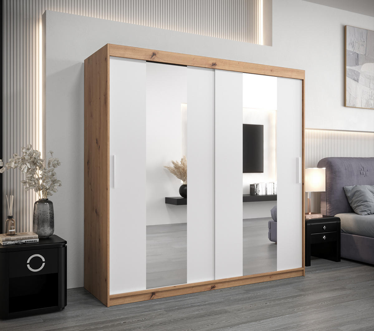 SCHWEBETÜRENSCHRANK 200/200/62 2-türig - Silberfarben/Weiß, Holz/Kunststoff (200/200/62cm) - Abiks Möbel