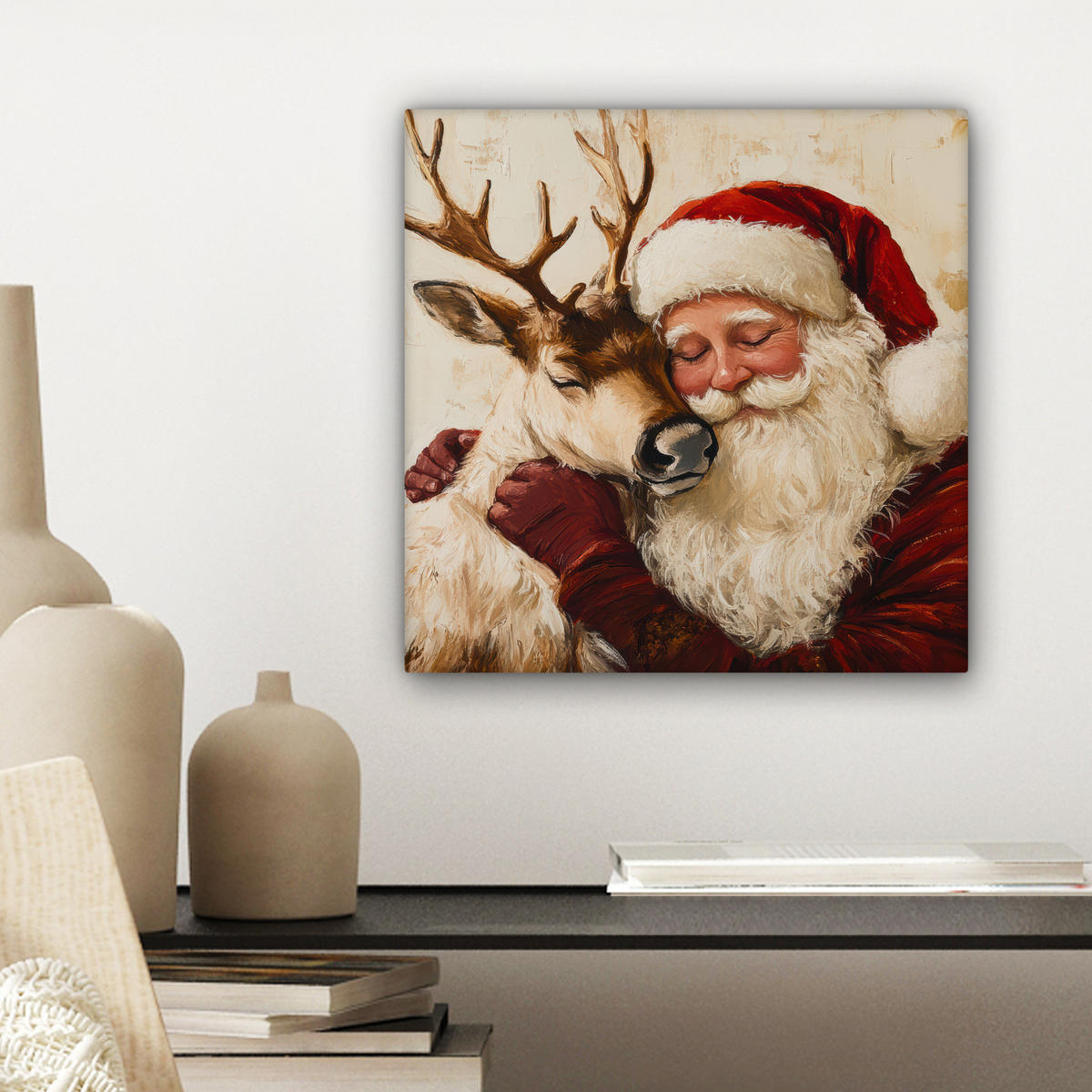 LEINWANDBILD Weihnachtsmann - Rentier - Weihnachten 20x20 cm - Rotbraun, Textil (20/20cm) - MuchoWow