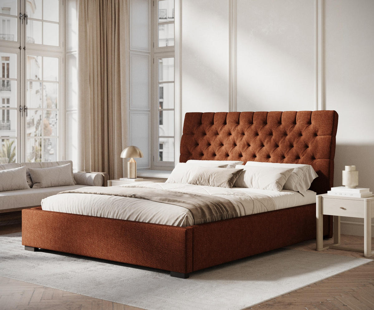 POLSTERBETT Vezzola Kupferfarbe 180/200 cm im Chenille-Stoff - Schwarz/Naturfarben, Holz/Holzwerkstoff (180/200cm) - Maison de Reve