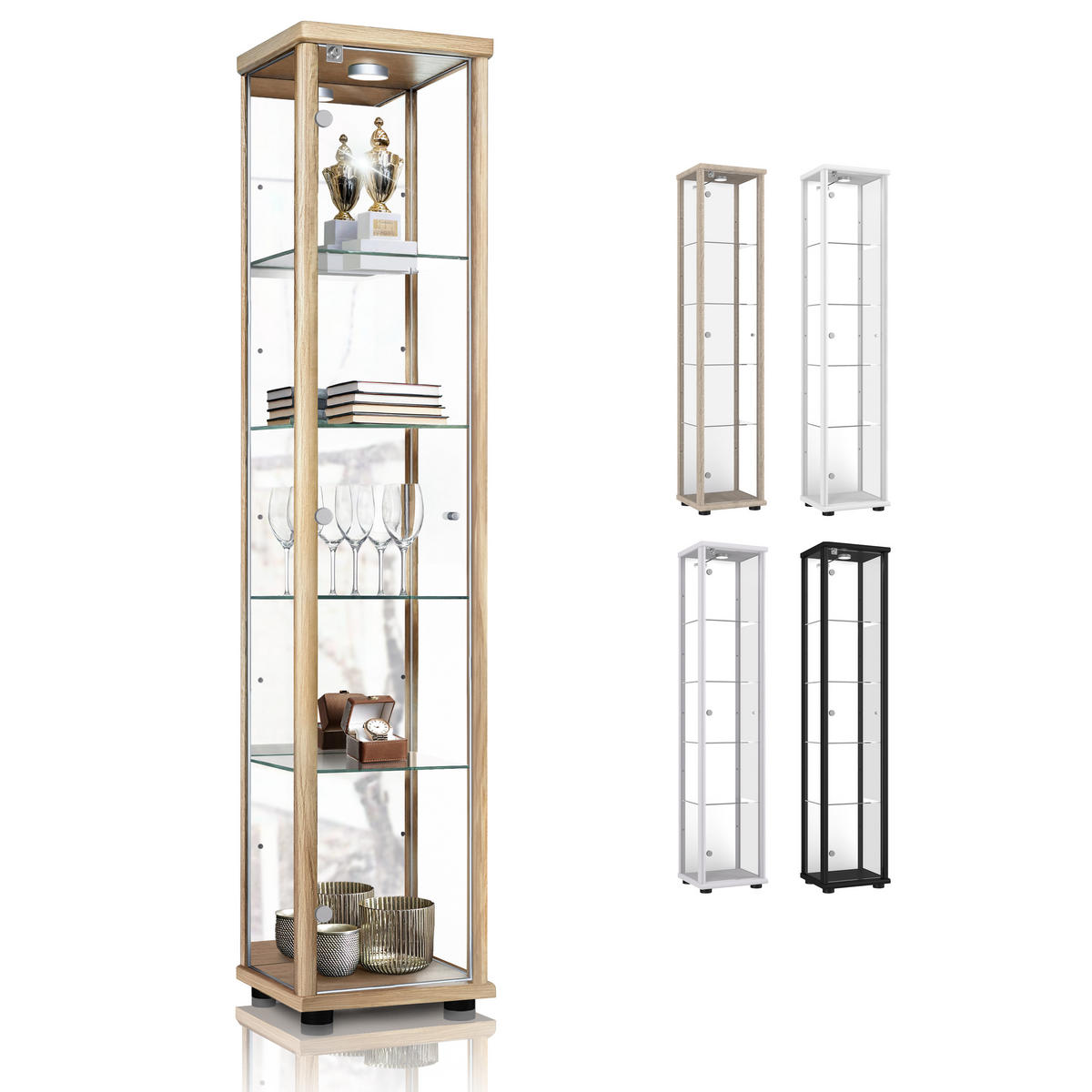 GLASVITRINE 33/37/176 cm mit Spiegel, LED, Schloss & 4 höhenverstellbaren Glasböden - Transparent/Silberfarben, Glas/Holzwerkstoff (37/176/33cm) - K-Möbel