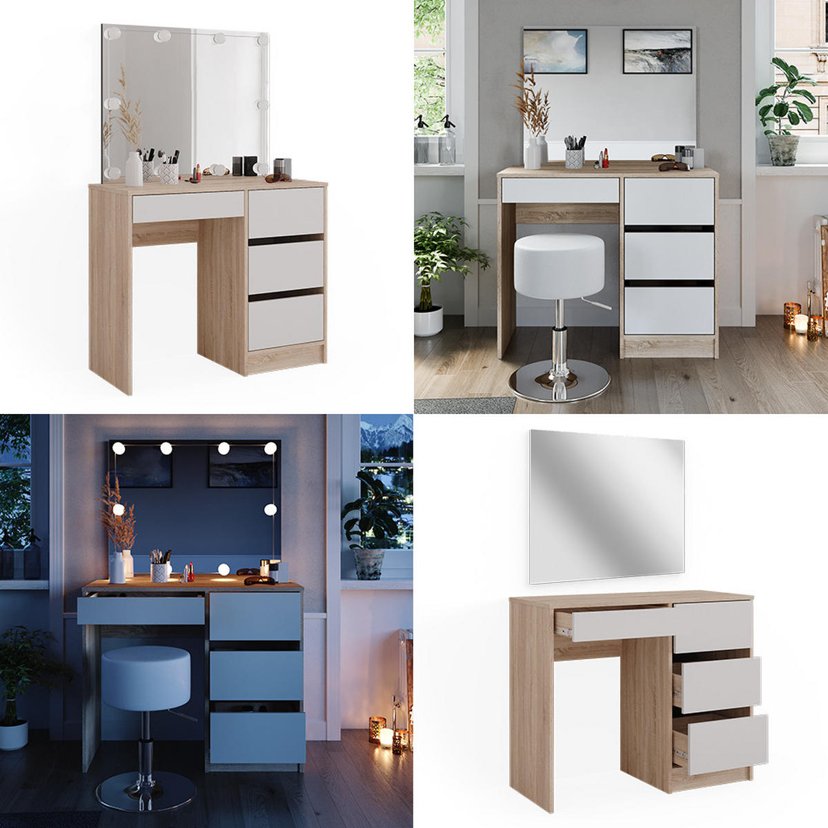 SCHMINKTISCH Sherry Sonoma 90 cm mit Spiegel - Weiß/Sonoma Eiche, Holzwerkstoff (90/75/40cm) - Vicco