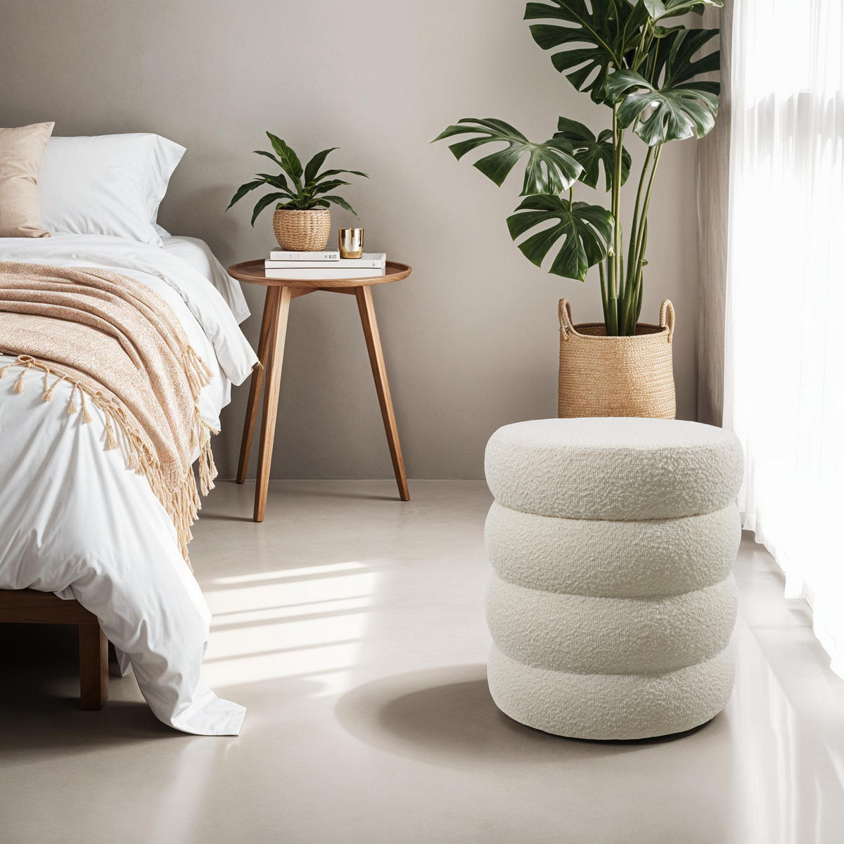 SITZHOCKER mit Stauraum Altu,42 x 42 x 47 cm,Bouclé creme-weiß - Creme/Weiß, Holz (42/47/42cm) - tectake