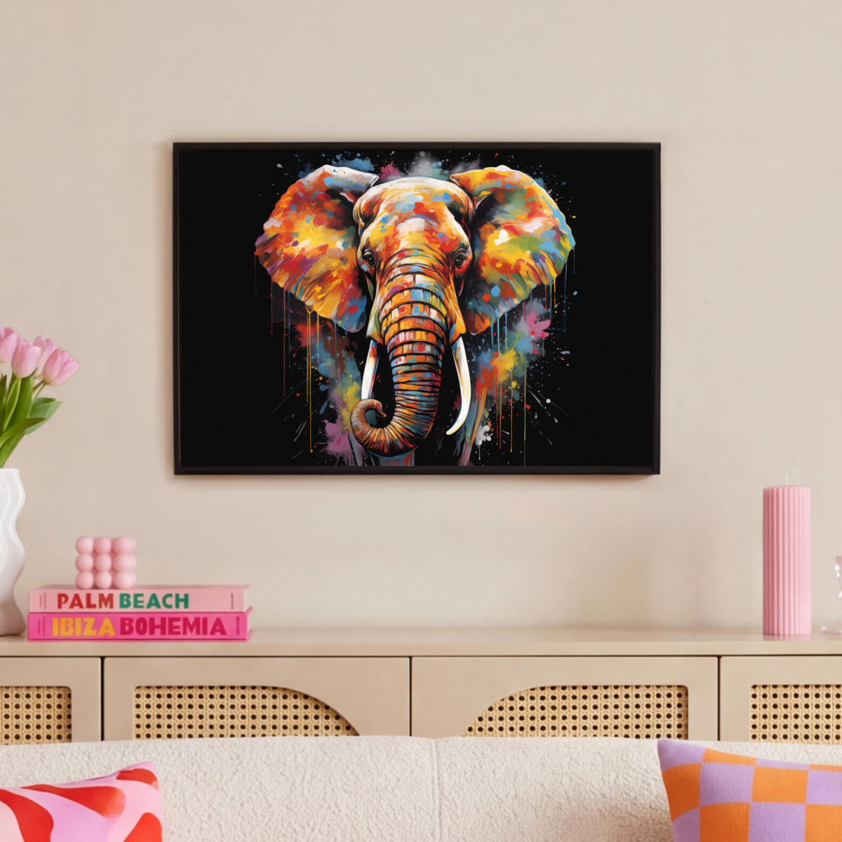 LEINWAND Bilder mit Rahmen - Elefant - Graffiti - Schwarz - Tiere - Farben - 60x40 - Schwarz, Textil (60/40cm) - MuchoWow