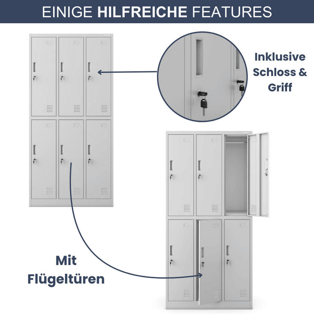 UMKLEIDESCHRANK Spind TOKIO 6 Abteile 185x90x45cm Grau - Grau, Metall (90/185/45cm) - DELUKE