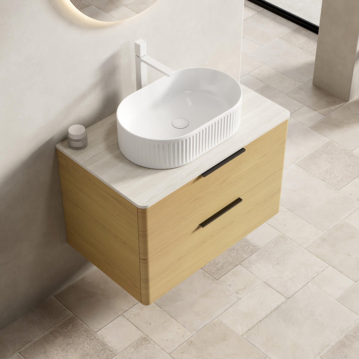 WASCHTISCHUNTERSCHRANK 75x46x62.2cm Beige/Eiche/Weiß mit ovalem Keramikbecken & Travertin-Arbeitsplatte - Eichefarben, Keramik (75/62.2/46cm) - Modfu