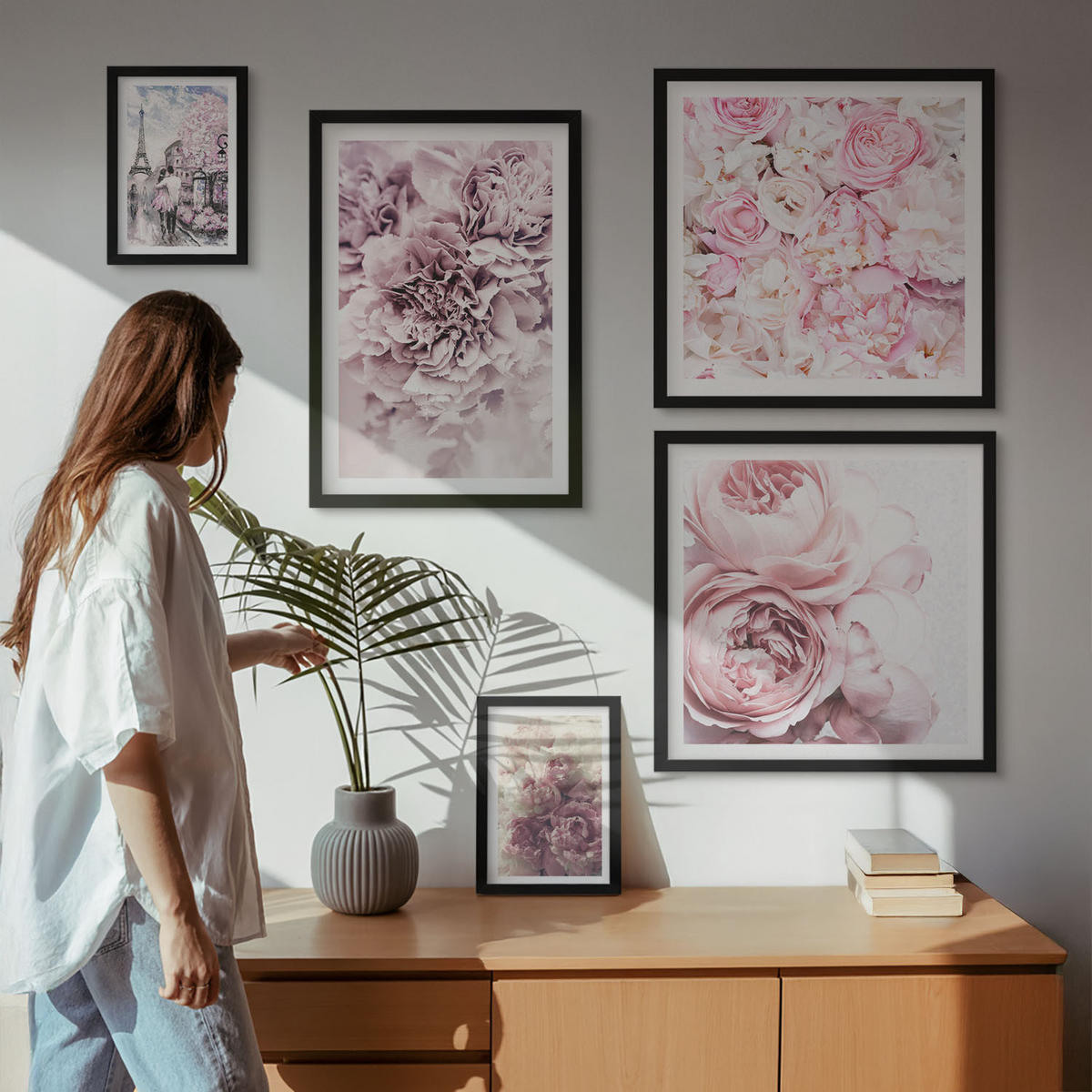 WANDBILDER 5er-Set - 50x50 cm & 20x30 cm & 40x60 cm Schwarzer Rahmen - Rosa Blumen, romantische Landschaft - Schwarz, Kunststoff (40/60cm) - ArtPrintCave