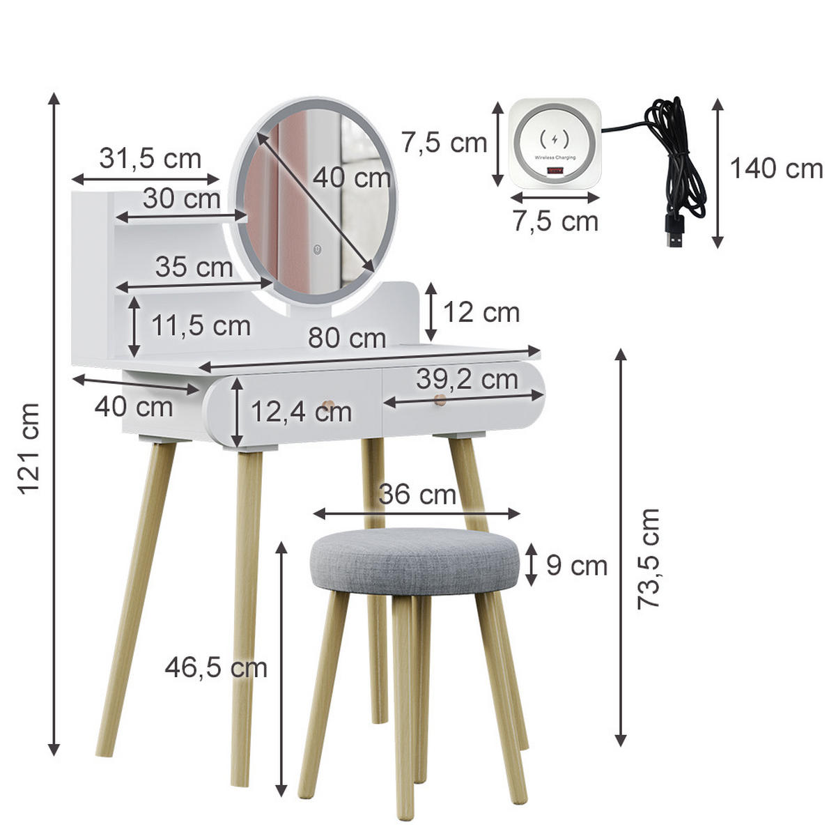 SCHMINKTISCH Edda Weiß 80 cm mit LED-Spiegel und QI-Ladestation - Weiß, Holzwerkstoff (80/121/40cm) - Vicco