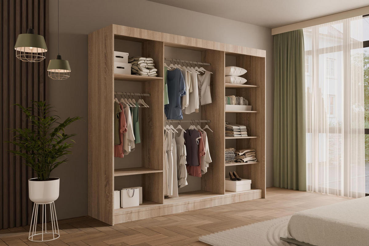 KLEIDERSCHRANK mit Lamel-Schiebetüren VILANv2 - 250 cm Sonoma Eiche + Lamelle Eiche Wotan - Eiche Wotan/Sonoma Eiche, Holzwerkstoff (250/215/61cm) - ALTDECOR