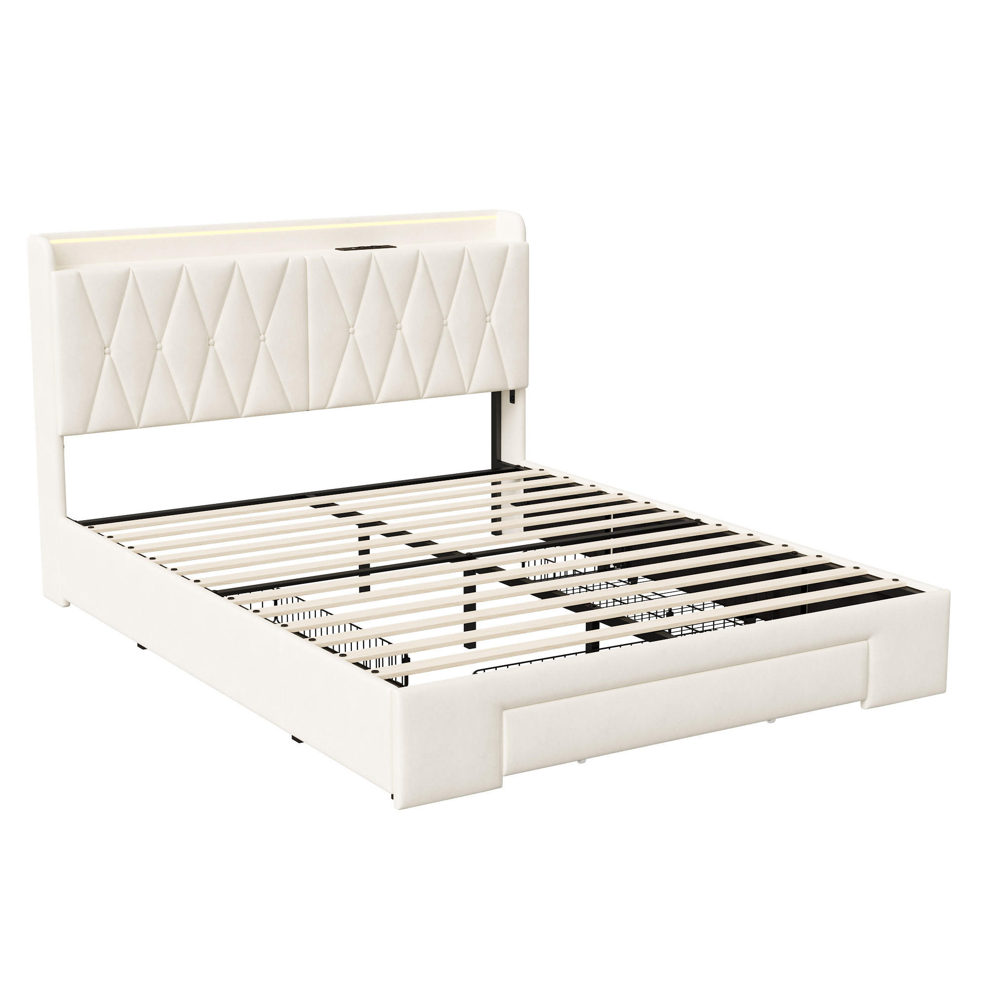 POLSTERBETT 140x190 cm mit LED, USB, 3 Schubladen, Samt, Beige - Weiß, Holz (140/190cm)