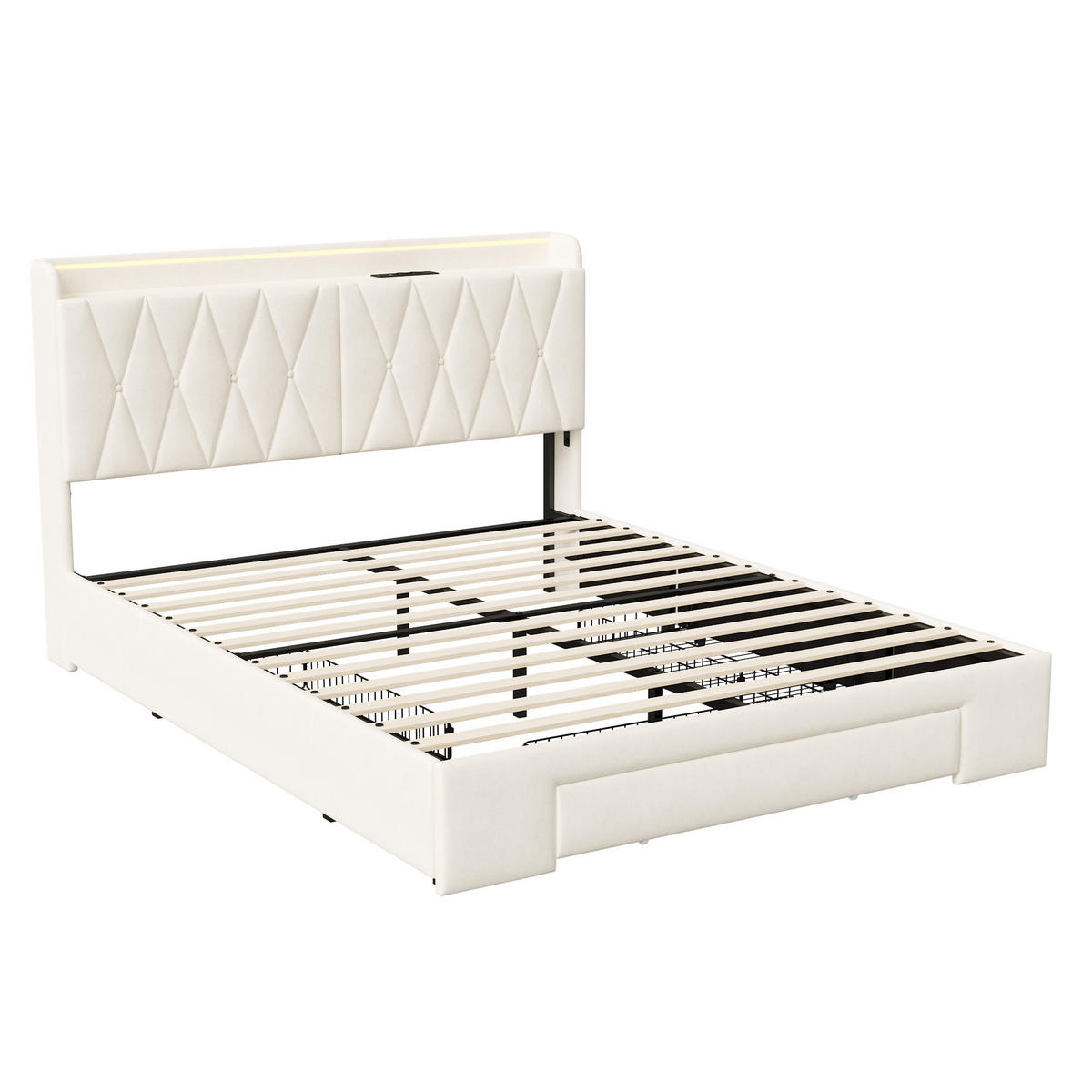 POLSTERBETT 160/200 cm mit Schubkasten‑Stauraum, LED‑Beleuchtung & USB‑Anschluss, Chesterfield‑Samtkopfteil - Beige, Holz/Metall (160/200cm) - Joyfair