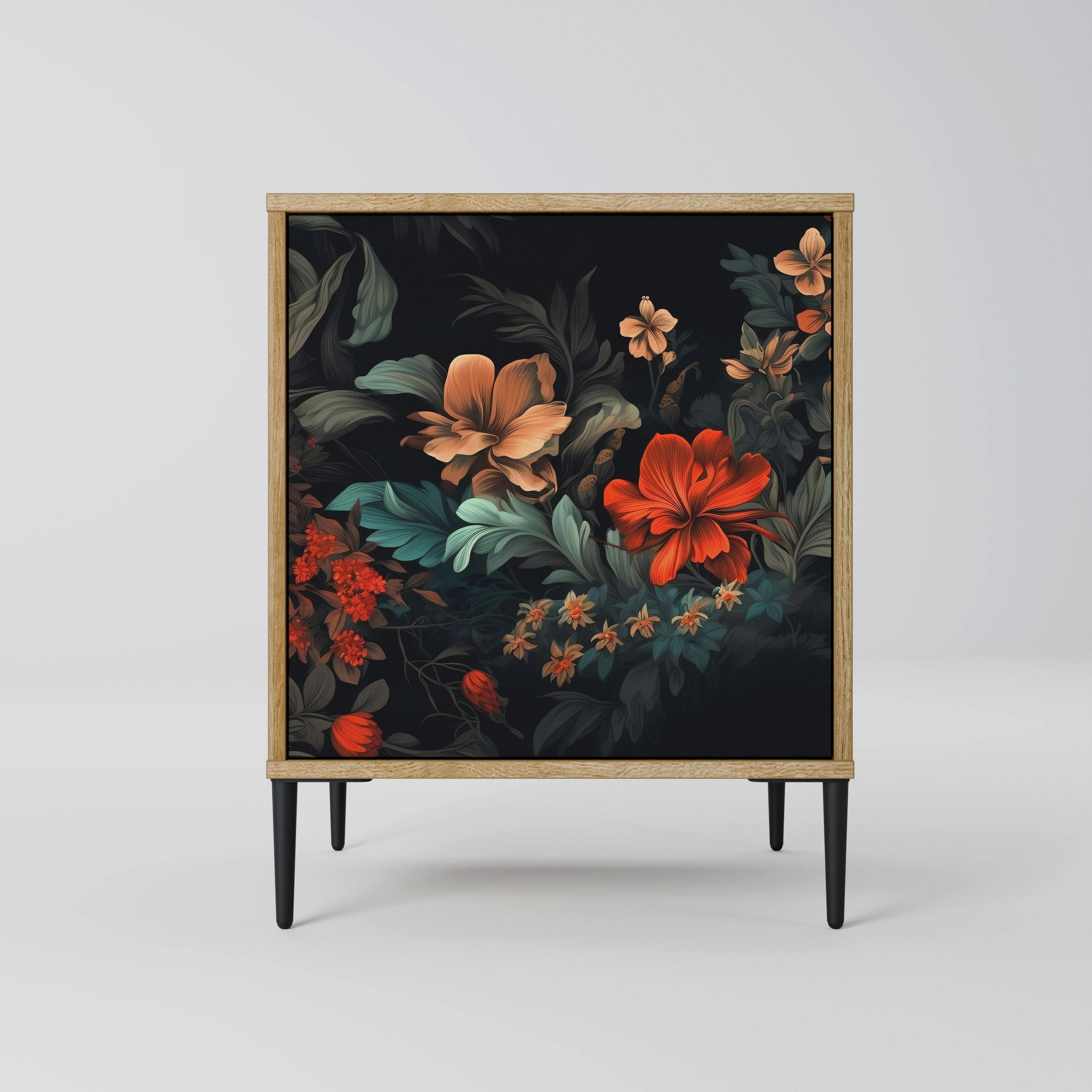 SIDEBOARD IMAGINARY BLOSSOM, Eichefarben, 57,5x42x72,5 cm, Schwarze Metallfüße - Eichefarben/Multicolor, Holzwerkstoff/Metall (57.5/72.5/42cm) - SpaceRebels