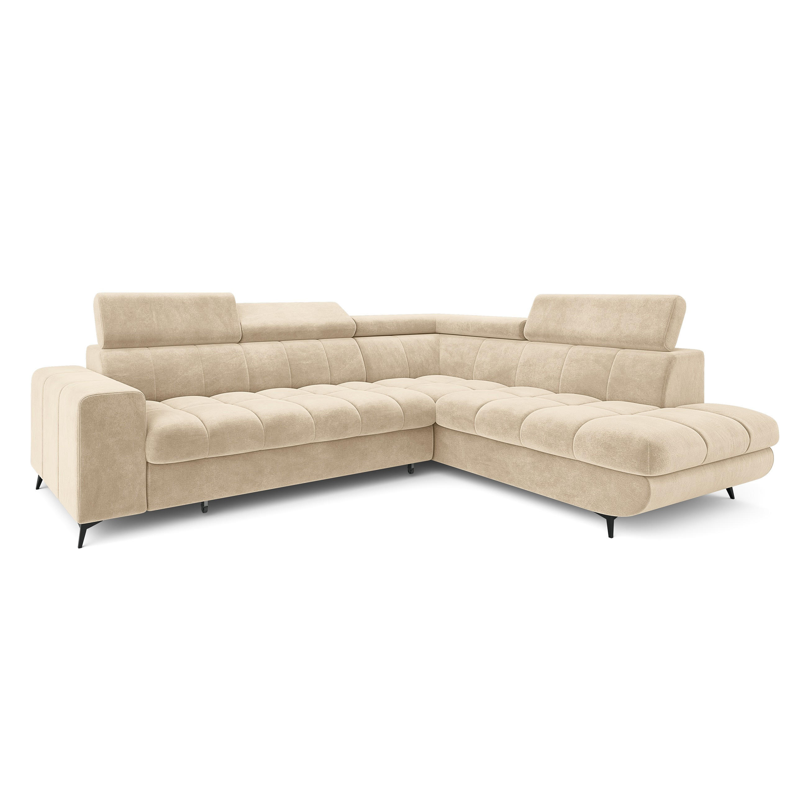 ECKSOFA MORIVA R-S Creme Velours-Stoff mit Schlaffunktion - Creme, Holz (253/190cm) - MASSENO