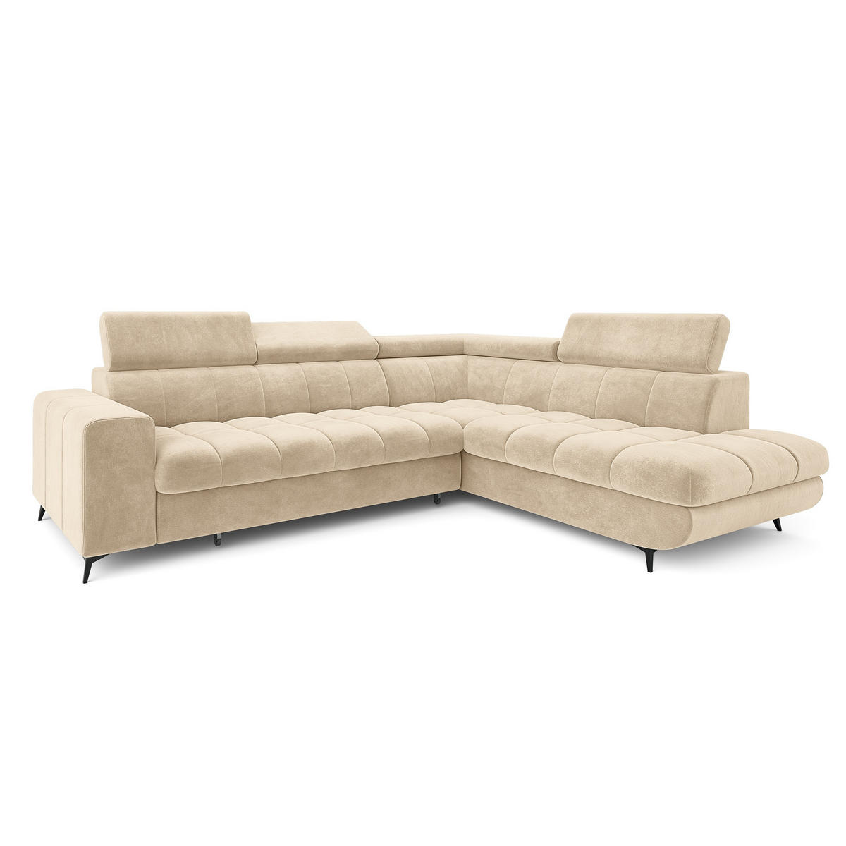 ECKSOFA MORIVA R-S Creme Velours-Stoff mit Schlaffunktion - Creme, Holz (253/190cm) - MASSENO