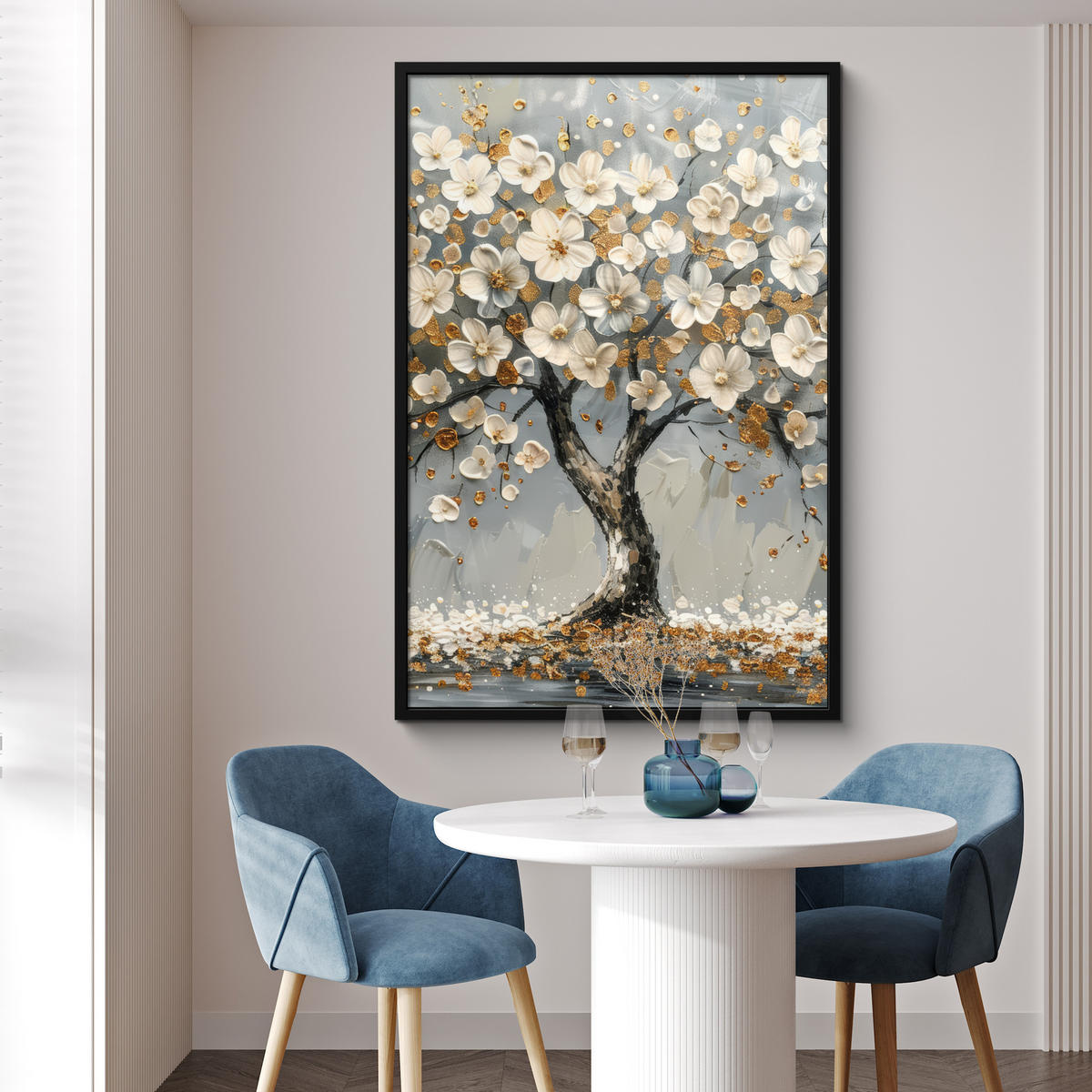 GERAHMTES BILD Baum - Blumen - Weiß - Natur - Kunst 80x120 cm - Weiß, Papier (80/120cm) - MuchoWow