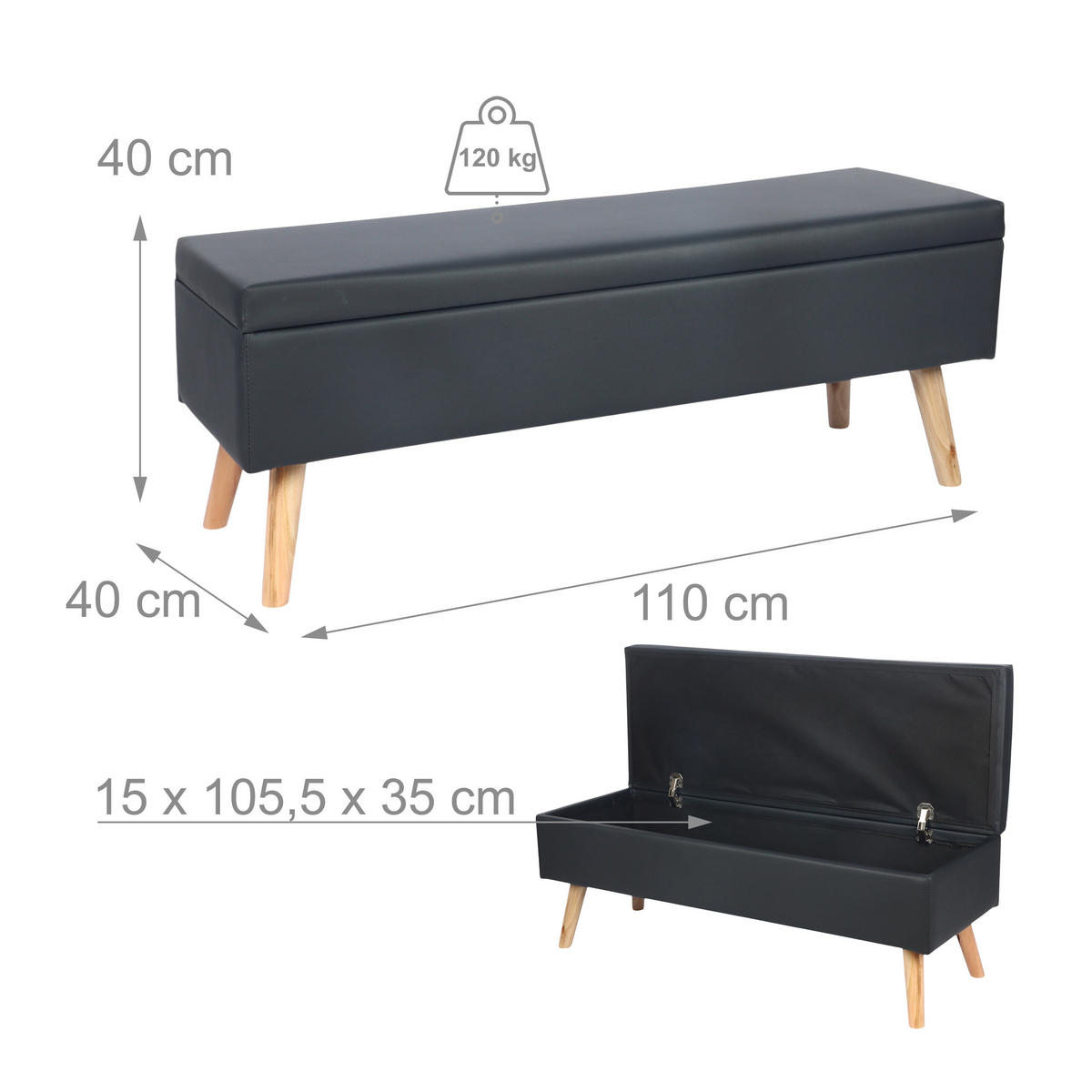 SITZBANK - Schwarz/Naturfarben, Holz/Holzwerkstoff (110/40/40cm) - Relaxdays