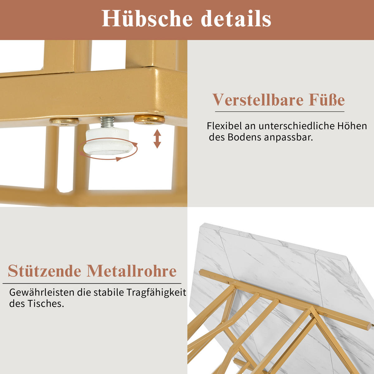 ESSTISCH sechseckig, MDF in Marmoroptik mit Metallgestell, 115,5/100/75 cm, Weiß/Gold - Goldfarben, Holzwerkstoff (115.5/100/75cm) - Redom