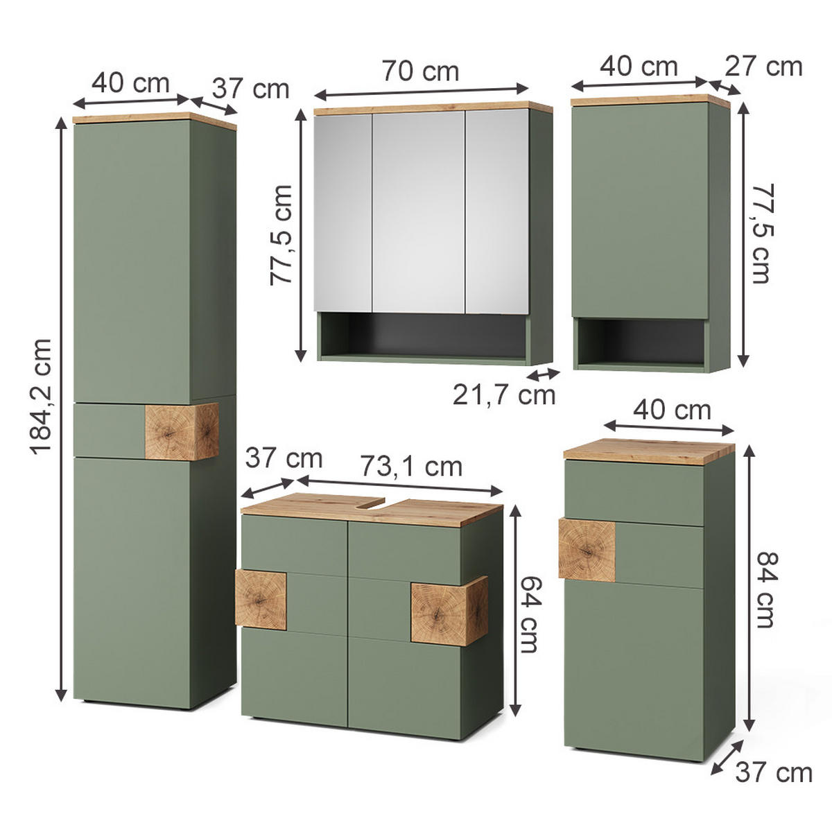 BADMÖBEL-SET Eden Grün/Artisan 5 Teile - Hellgrau/Grün, Holzwerkstoff (73/64/37cm) - Vicco