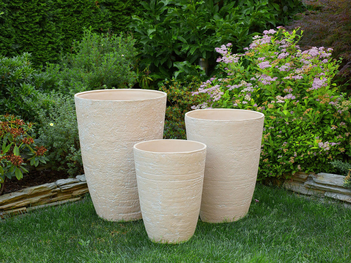 BLUMENTOPF 2er-Set sandbeige rund 51/51/71 cm Camia - Beige, Stein (71cm) - Beliani