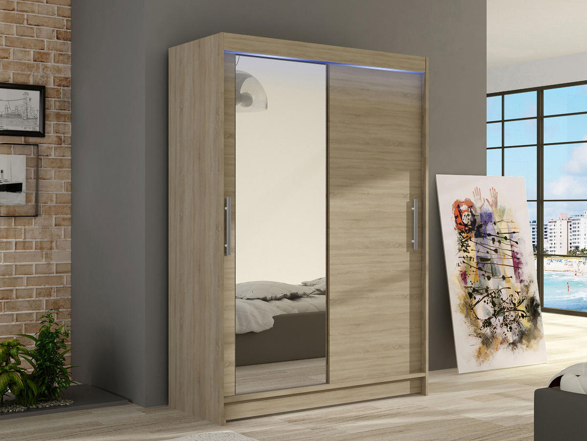 KLEIDERSCHRANK Miami VI, mit RGB LED Beleuchtung - Silberfarben/Sonoma Eiche, Holzwerkstoff/Kunststoff (120/200/58cm) - MIRJAN24