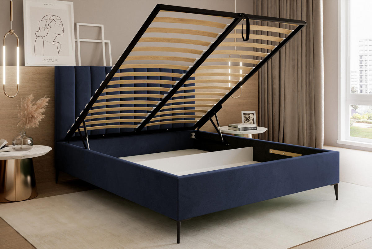 POLSTERBETT Mona SLIM III Polsterbett für Ihr Schlafzimmer in VELUTTO Stoff - 120x200 cm Blau - Blau/Schwarz, Holz/Holzwerkstoff (120/200cm) - DomoHome