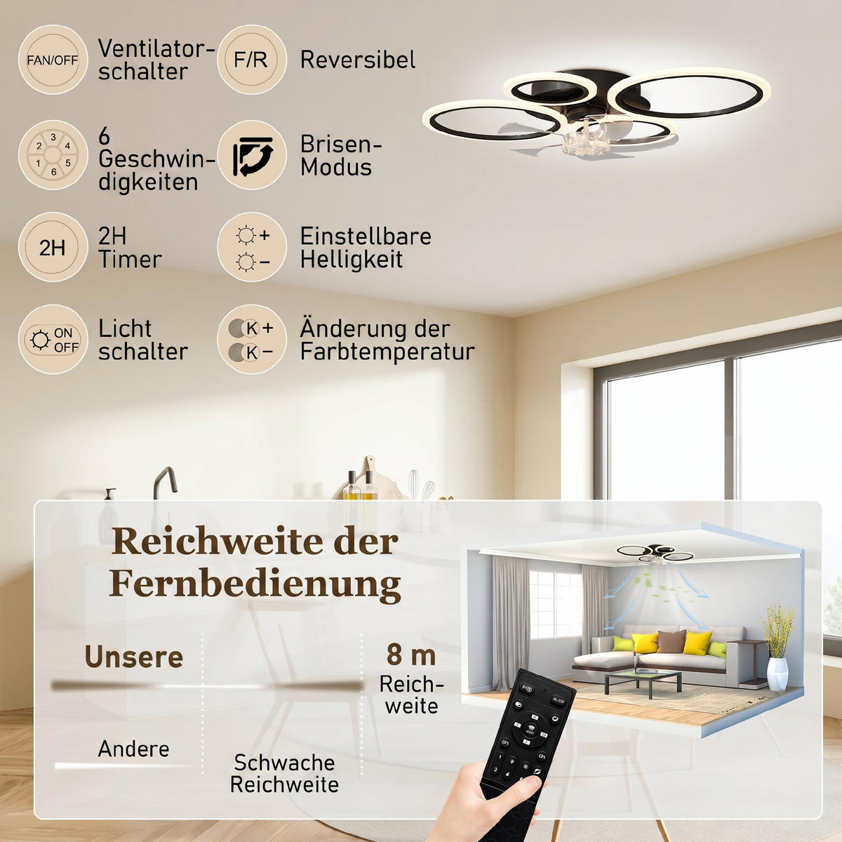 DECKENVENTILATOR-MIT-LICHT Stahl Kunststoff Schwarz - Schwarz, Metall (77/55/13.5cm) - HOMCOM
