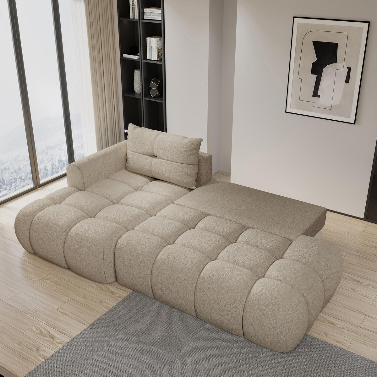 ECKSOFA FLUMA L-S Beige Boucle-Stoff mit Schlaffunktion - Beige, Holz (274/165cm) - MASSENO