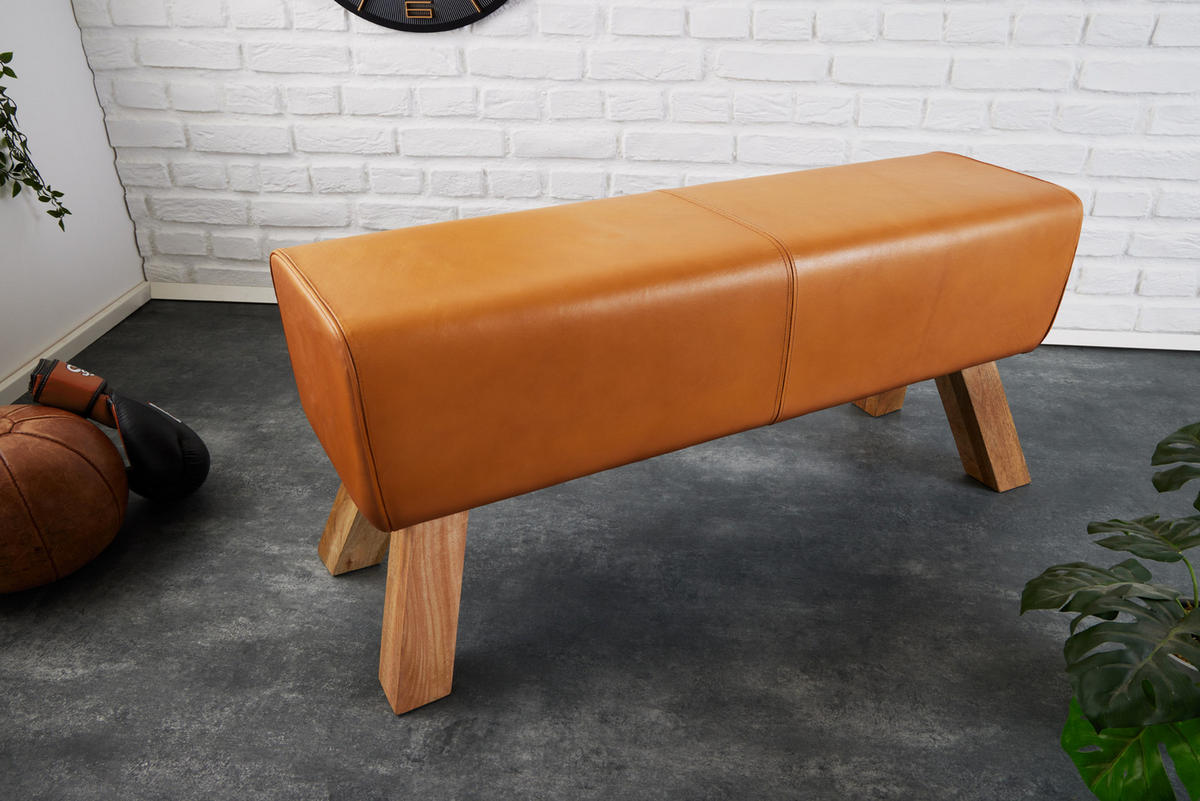 SITZBANK TURNBOCK Mango Echtleder Cognac 100 cm - Braun, Mangoholz/Leder (100/50/35cm) - riess-ambiente