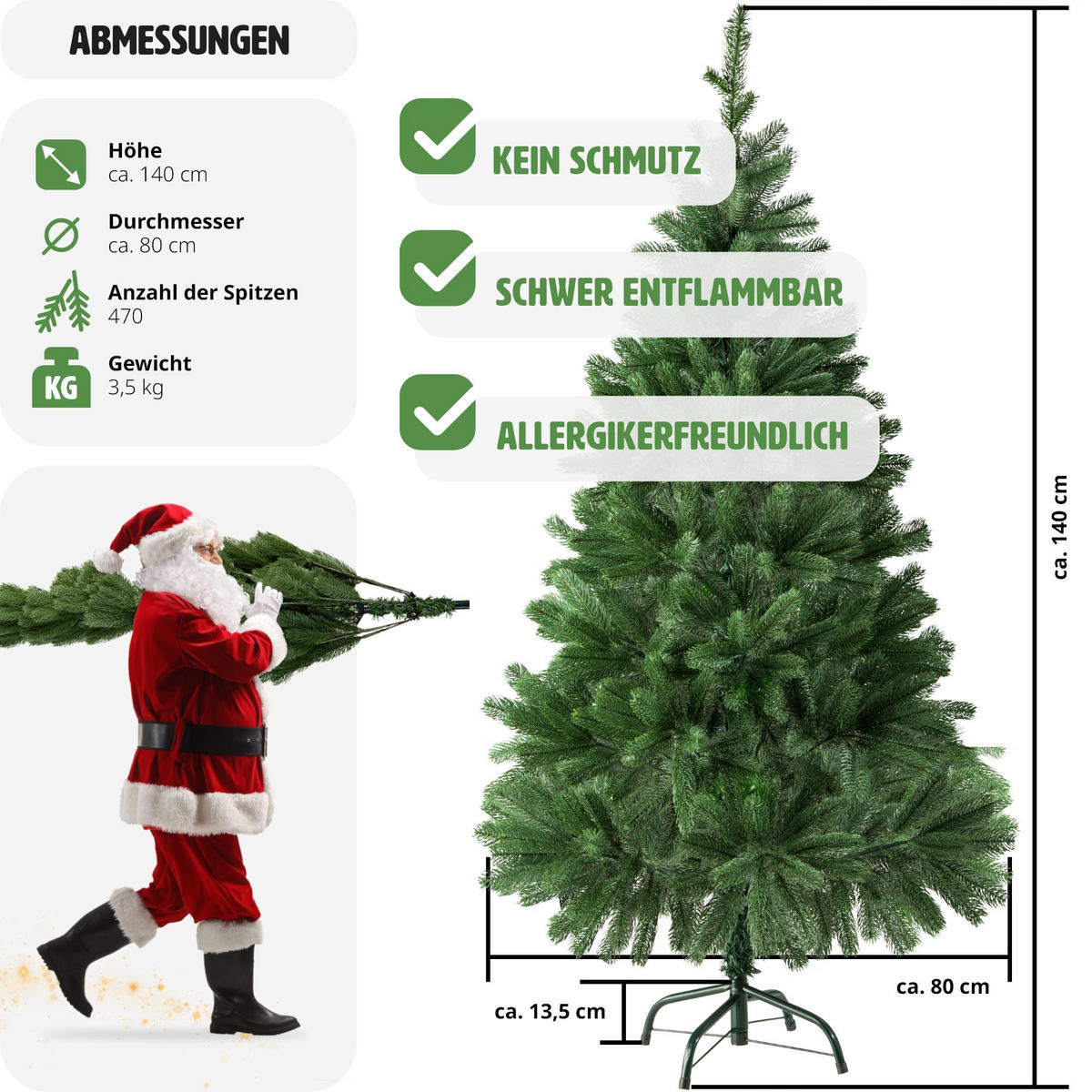 WEIHNACHTSBAUM ,inklusive Metallständer mit Kunststoffkappen,grün - Grün, Kunststoff (140cm) - tectake