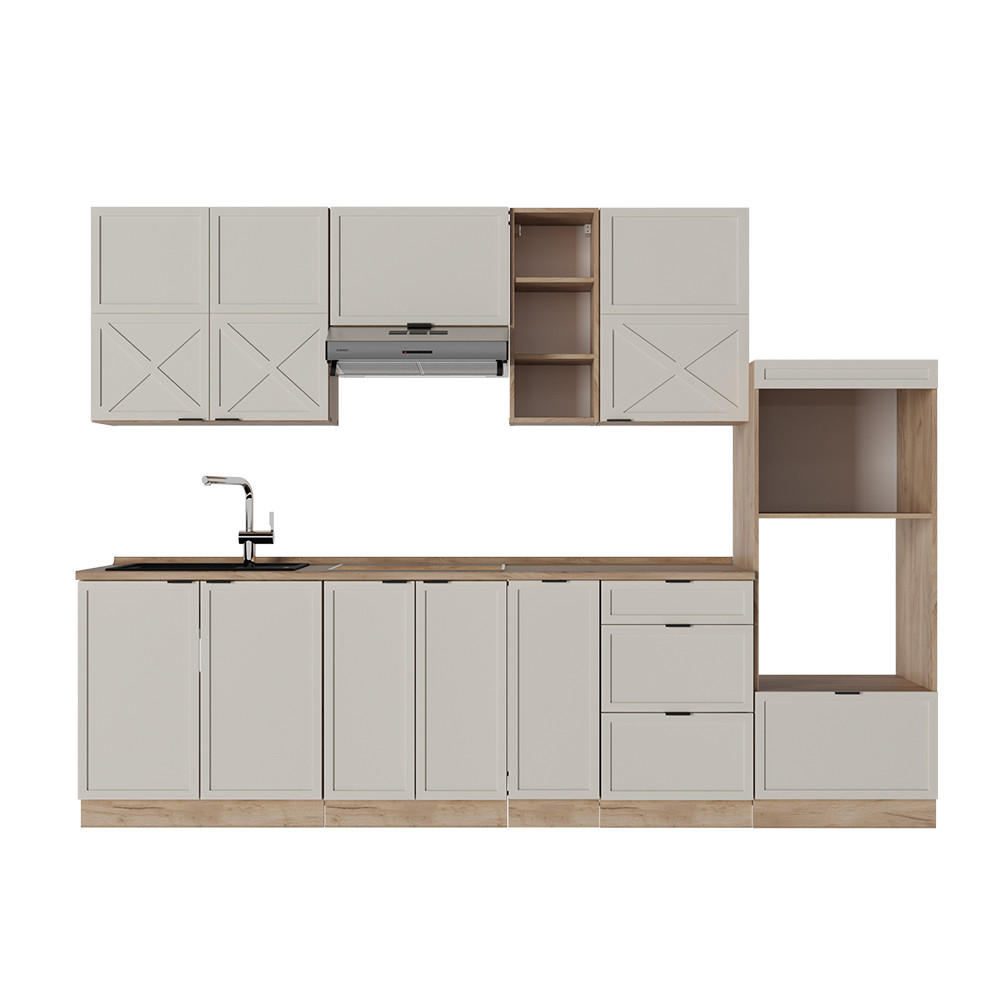 KÜCHENZEILE Fame-Line GrauBeige/Goldkraft Eiche 280 cm, AP Eiche - Honigeiche/Grau, Holzwerkstoff (280/81.6/60cm) - Vicco