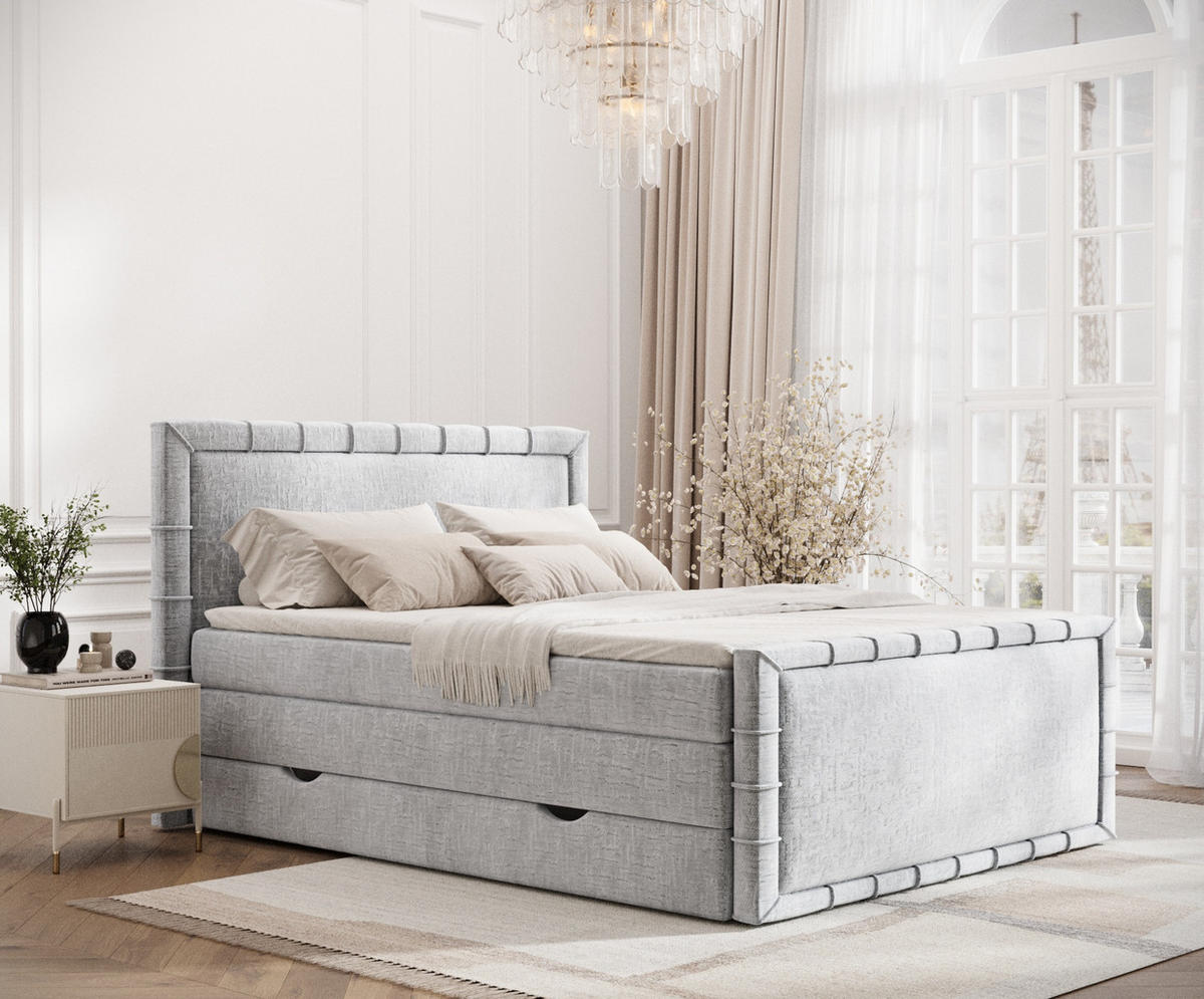 BOXBETT Estelle Hellgrau 200/200 cm im Chenille-Stoff - Hellgrau/Schwarz, Holz/Holzwerkstoff (200/200cm) - Maison de Reve