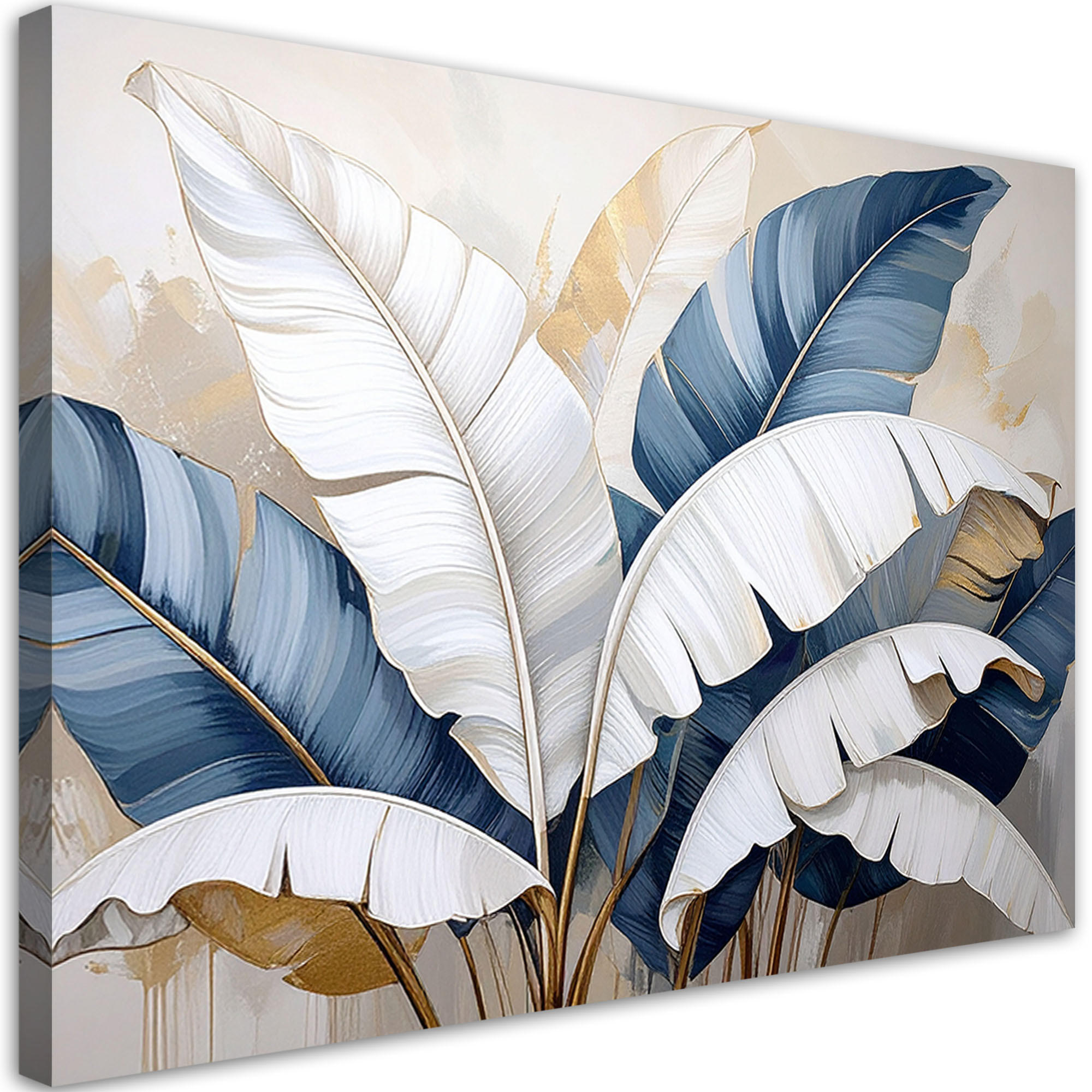 BILD auf Leinwand, Bananenblätter Natur Pflanzen weiß beige - Blau, Textil (45/30cm) - Feeby