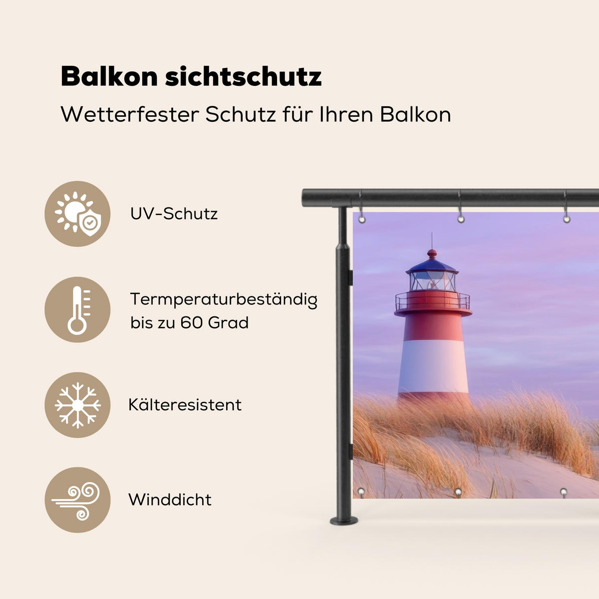 BALKON-SICHTSCHUTZ Leuchtturm - Dünen - Sonnenuntergang 300x120 cm - Hellrosa, Kunststoff (300/120cm) - MuchoWow