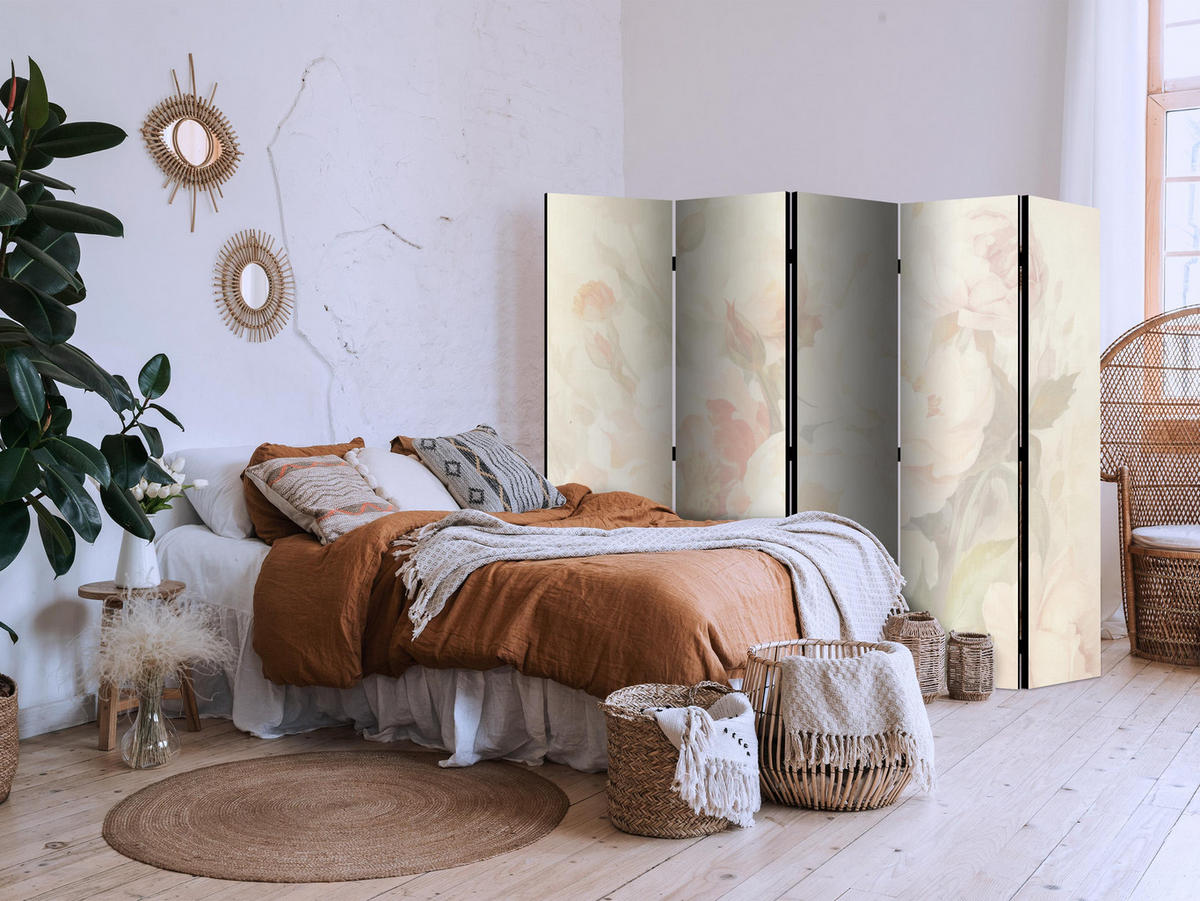 PARAVÁN Jednostranný 5-dielny 225x172 cm Pivonky Kvety - béžová, drevo/textil (225/172/3cm) - Muralo